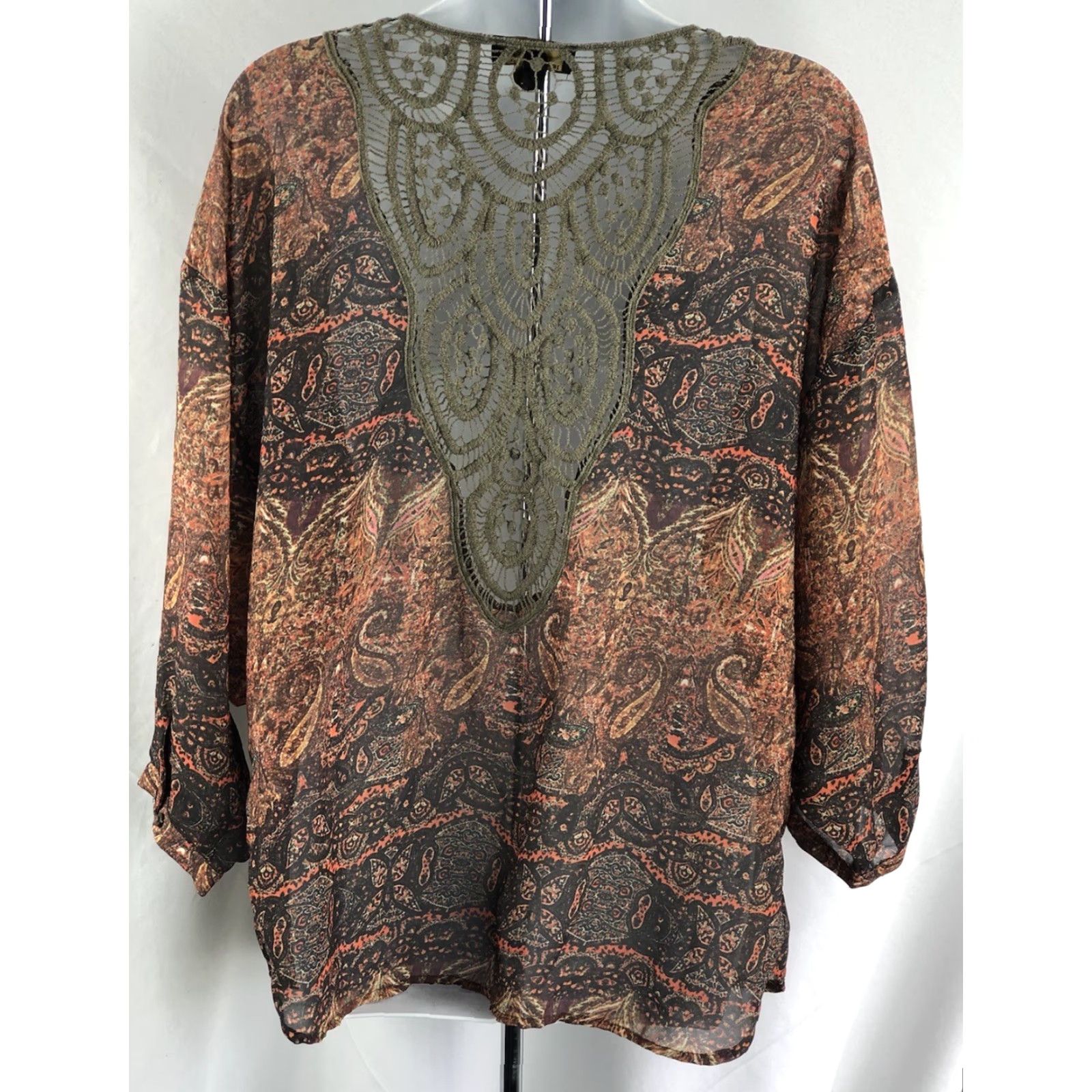 Etro VINTAGE Jeans by buffalo Blouse Brown Crochet Back Dolman Sleeve BoHo Fairy Grunge Semi Sheer Top M1940s? Size M / US 6-8 / IT 42-44 - 3 Thumbnail