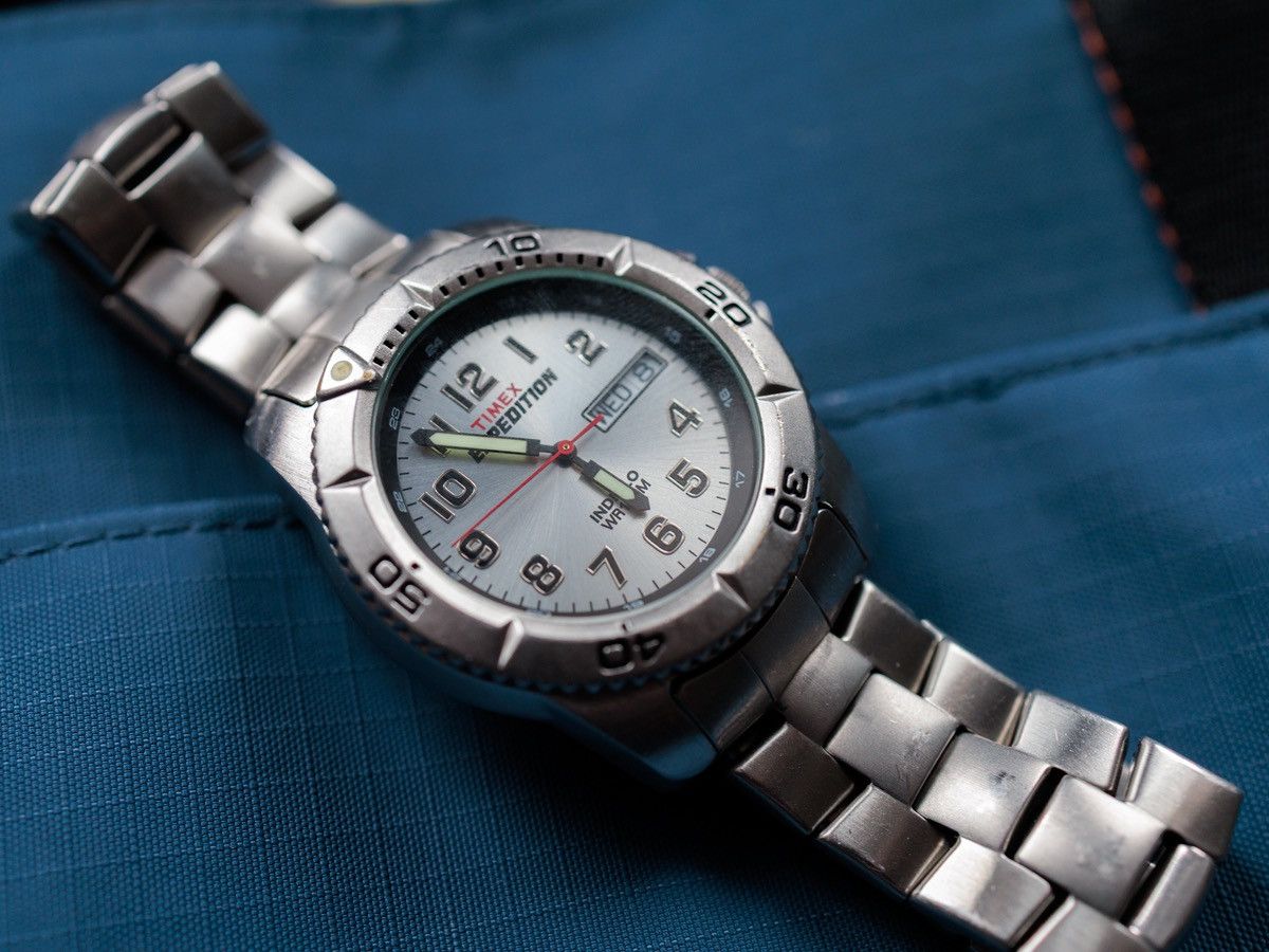 Timex Expedition T46601 Indiglo Quartz Daydate Watch in Silver, Men's