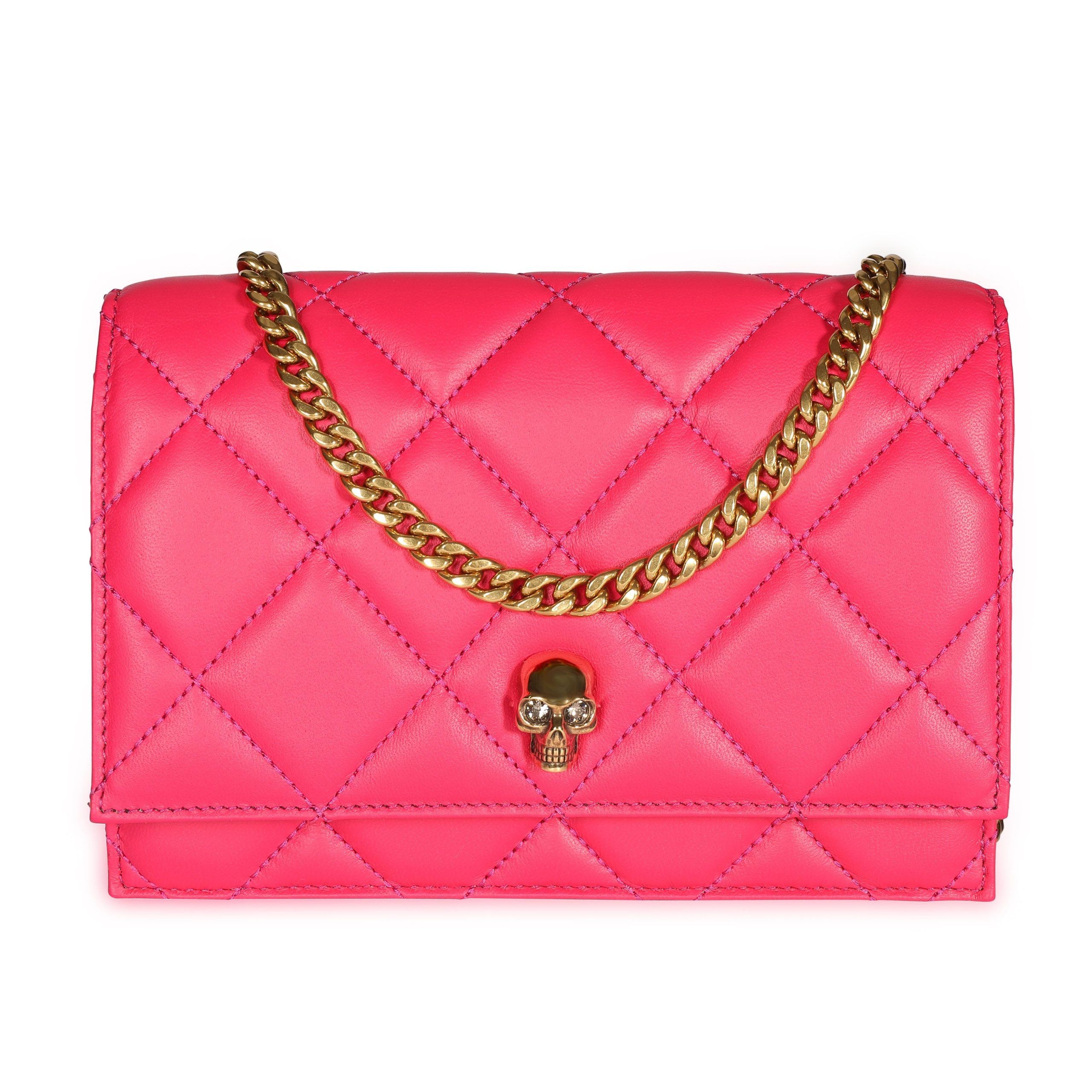 image of Alexander Mcqueen Hot Pink Quilted Leather Mini Skull Crossbody Bag, Women's