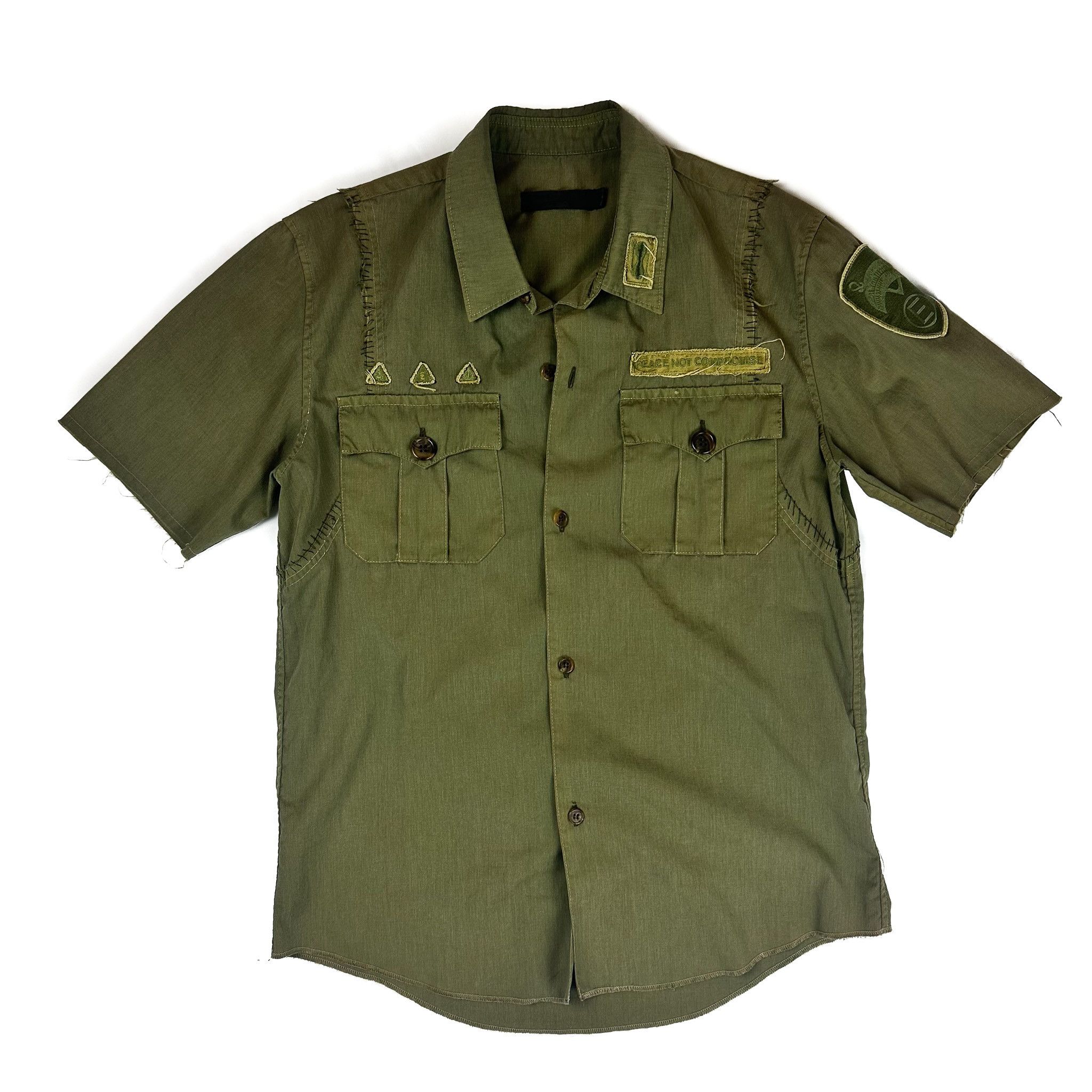image of Undercover Ss03 “Scab” Short Sleeve Military Button Up Shirt in Green, Men's (Size Medium)