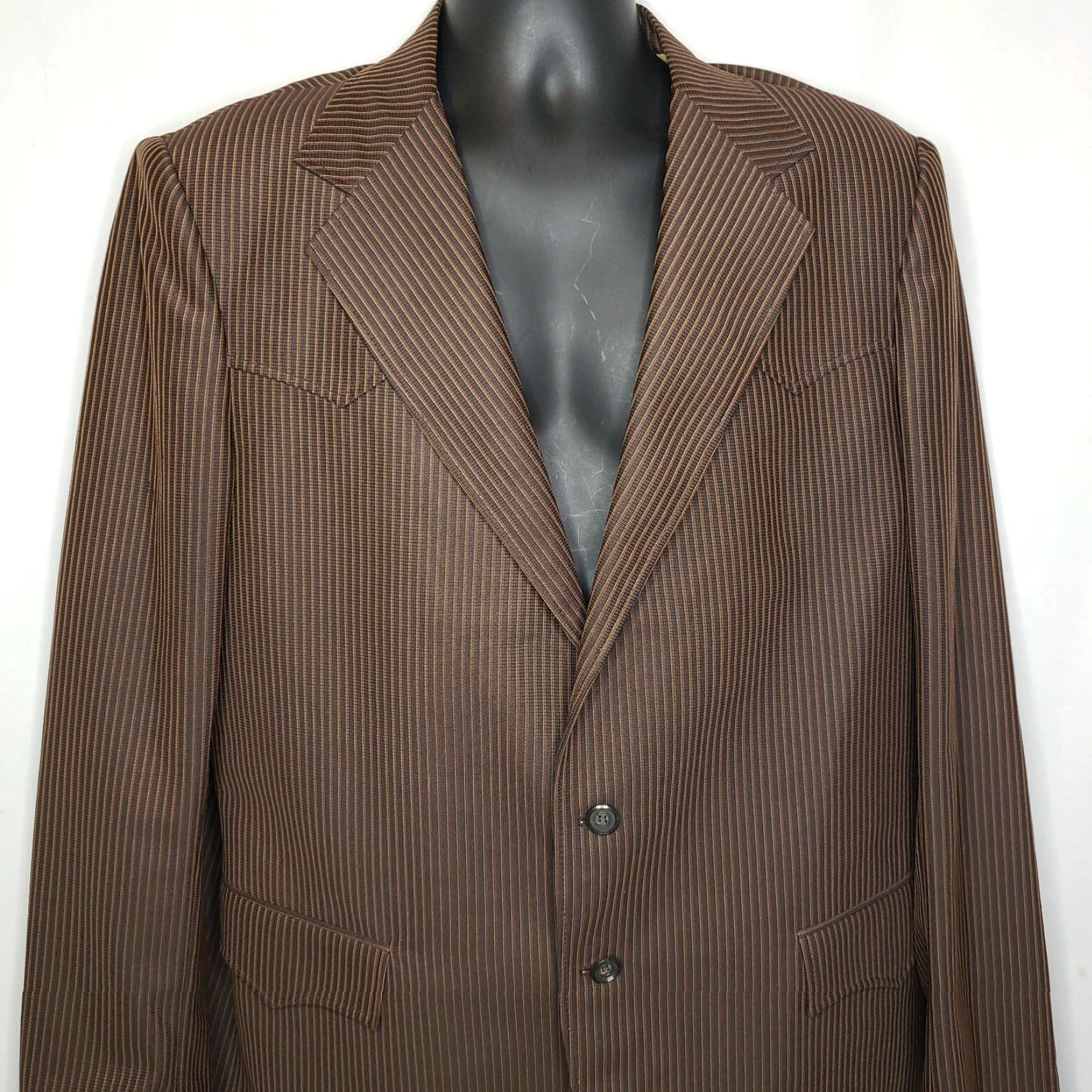 Vintage Ranchman Lasso Vintage Western Rockabilly Suit Jacket 46L Striped Men Regular Brown Long Jacket Mens 46L Vintage Western Suit Coat Size 46R - 2 Thumbnail