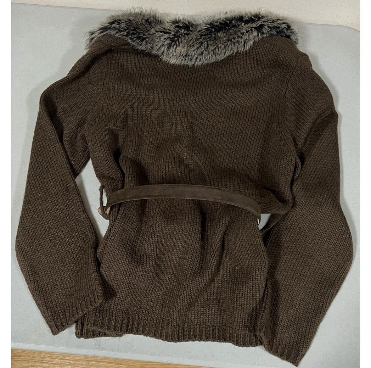 United Arrows Brown Knit Fur Button-Up Belted Sweater Cardigan Top XL 🤎✨ Size XL / US 12-14 / IT 48-50 - 8 Thumbnail