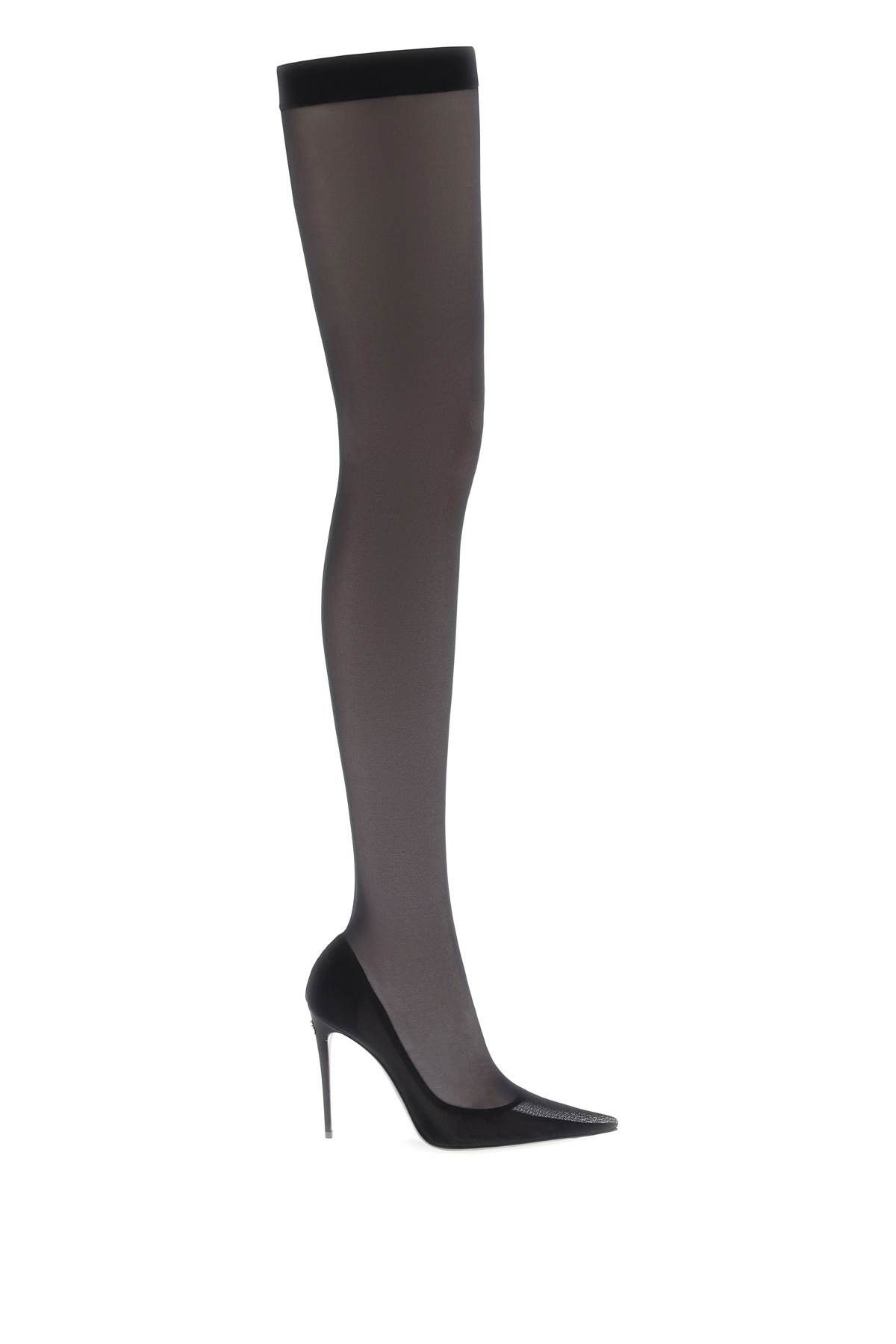 image of Dolce Gabbana Stretch Tulle Thigh-High Boots in Nero, Women's (Size 9)
