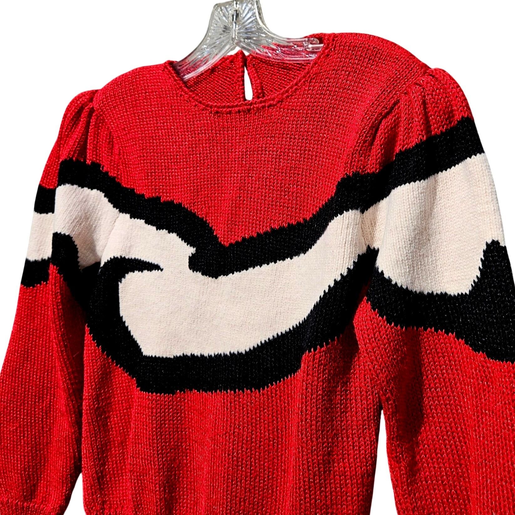Vintage Vintage 80s Red Black Ivory Wave Knit Puff Shoulder Sweater Size S / US 4 / IT 40 - 2 Thumbnail