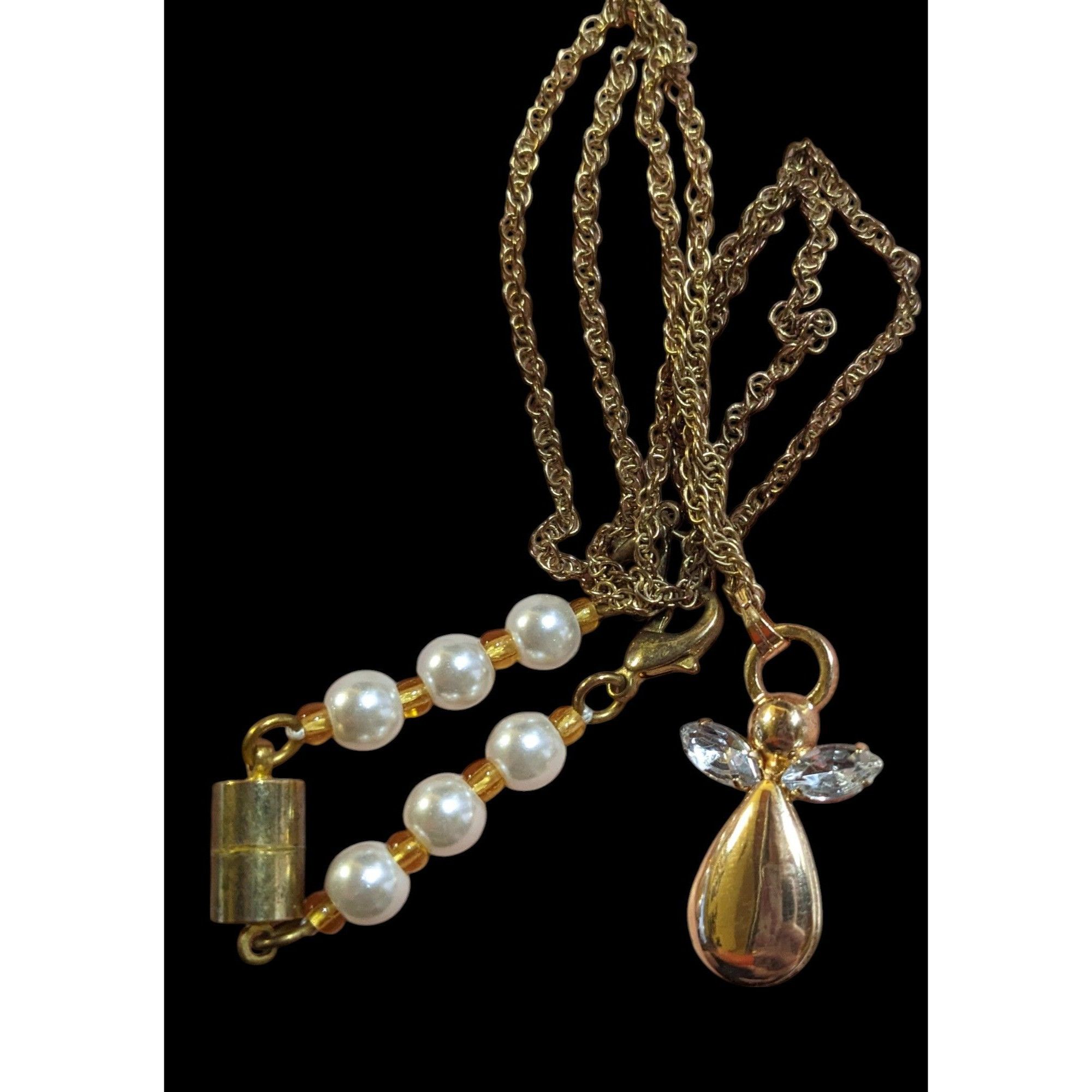 Other Gold Tone Gemmed Angel Pendant Necklace With Faux Pearl Exte Size ONE SIZE - 2 Thumbnail