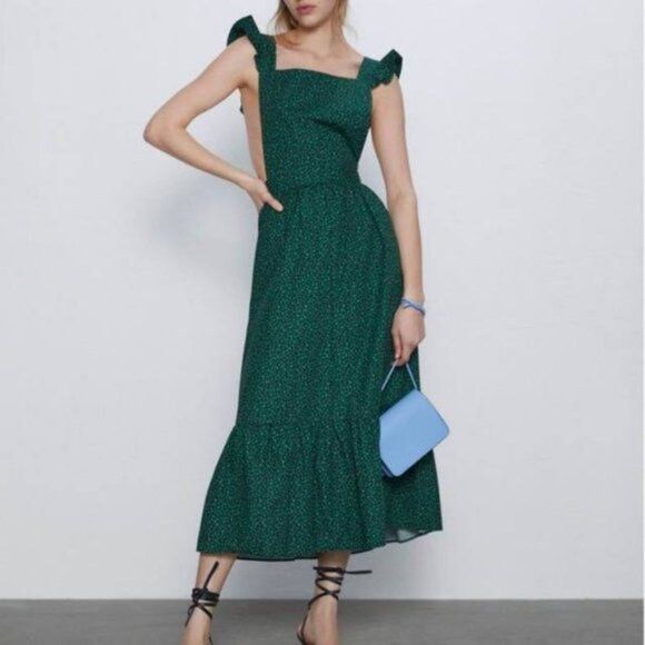 green emerald velvet dress Zara Green Vintage Boho Tiered Maxi Dress