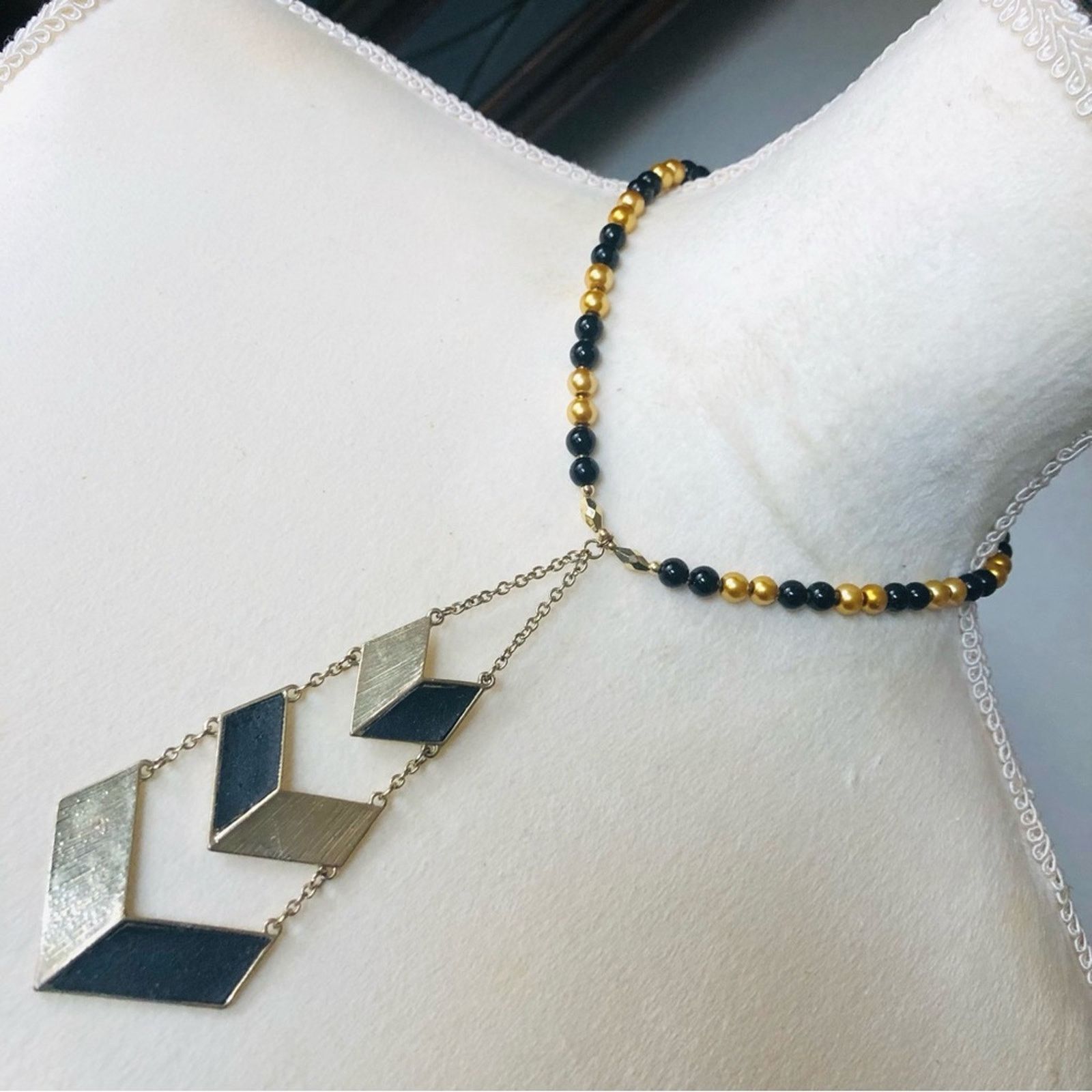 Handmade Handcrafted repurpose black and gold tie Pearl necklace Size ONE SIZE - 1 Thumbnail