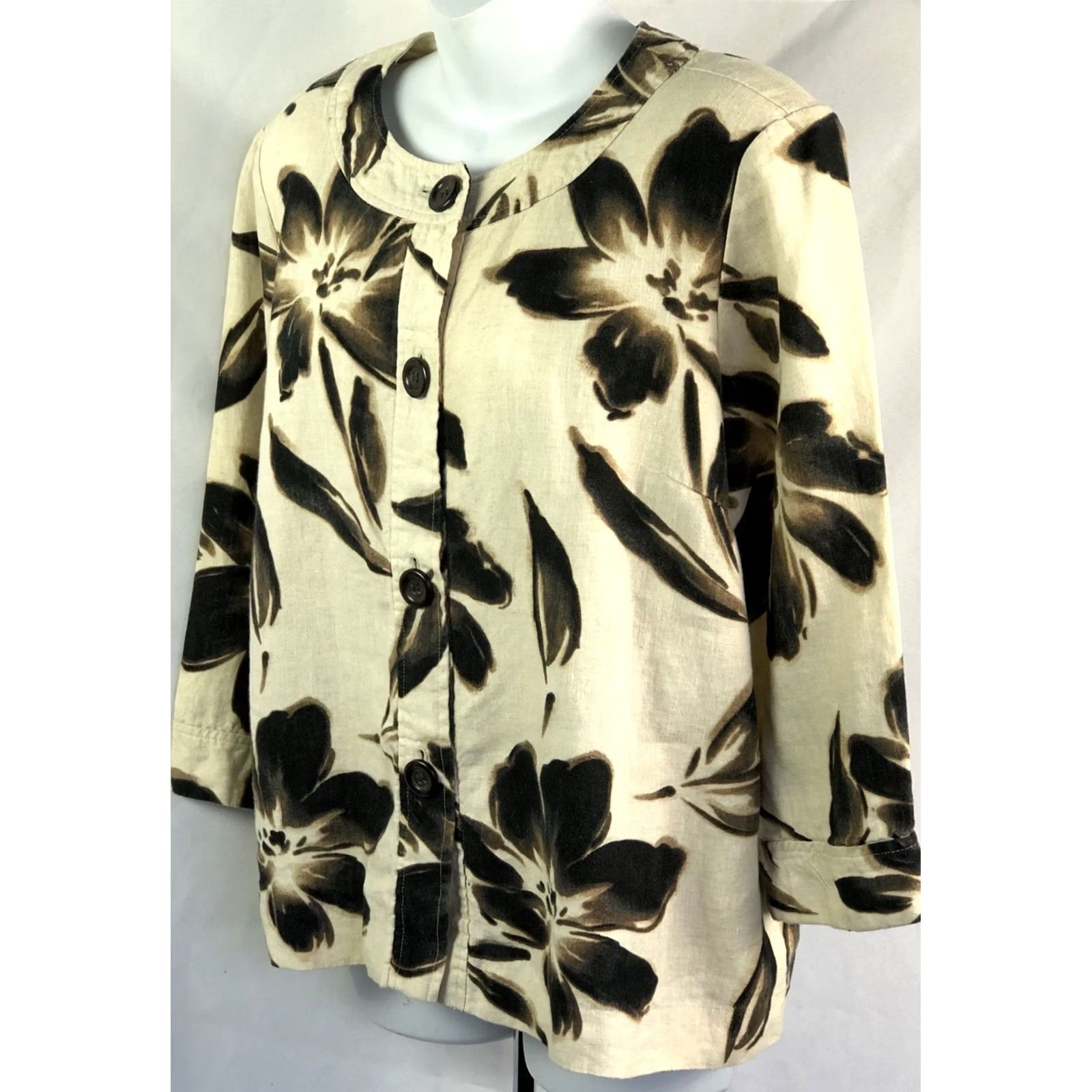 JM Collection JM Collection Linen Top Blouse 16 Brown Floral 3/4 Sleeve Round Neck Casual Workwear Boho Fairy Womens Size XXL / US 16-18 / IT 52-54 - 3 Thumbnail