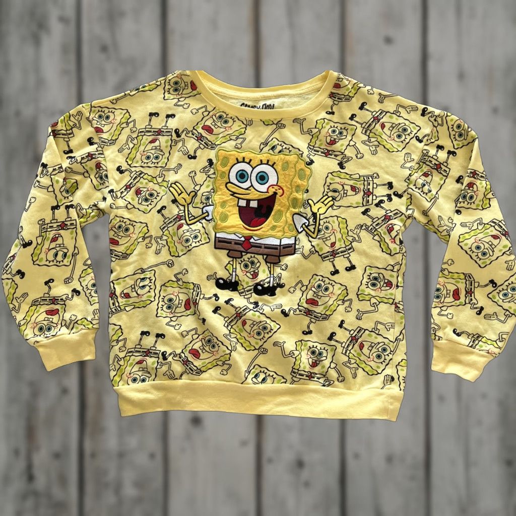 Vintage Scooby Doo Bob Square Pants All Over Print Long Sleeve Shirt Womens Small Yellow Embroidered Cartoon Crew Neck Pullover Cotton Blend Regular Size S Size S / US 4 / IT 40 - 1 Thumbnail