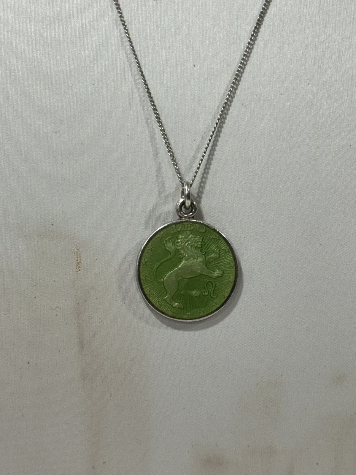 Sterling Silver Silver Leo Zodiac Necklace | Green Enamel Lion Medallion Size ONE SIZE - 5 Thumbnail