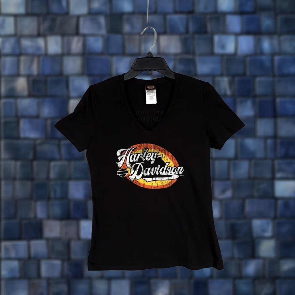 Harley Davidson Harley-Davidson Shirt Womens M Black V-Neck Graphic Tee Biker Jersey 100% Cotton Casual Short Sleeve US Made - Asheville NC Size M / US 6-8 / IT 42-44 - 1 Thumbnail