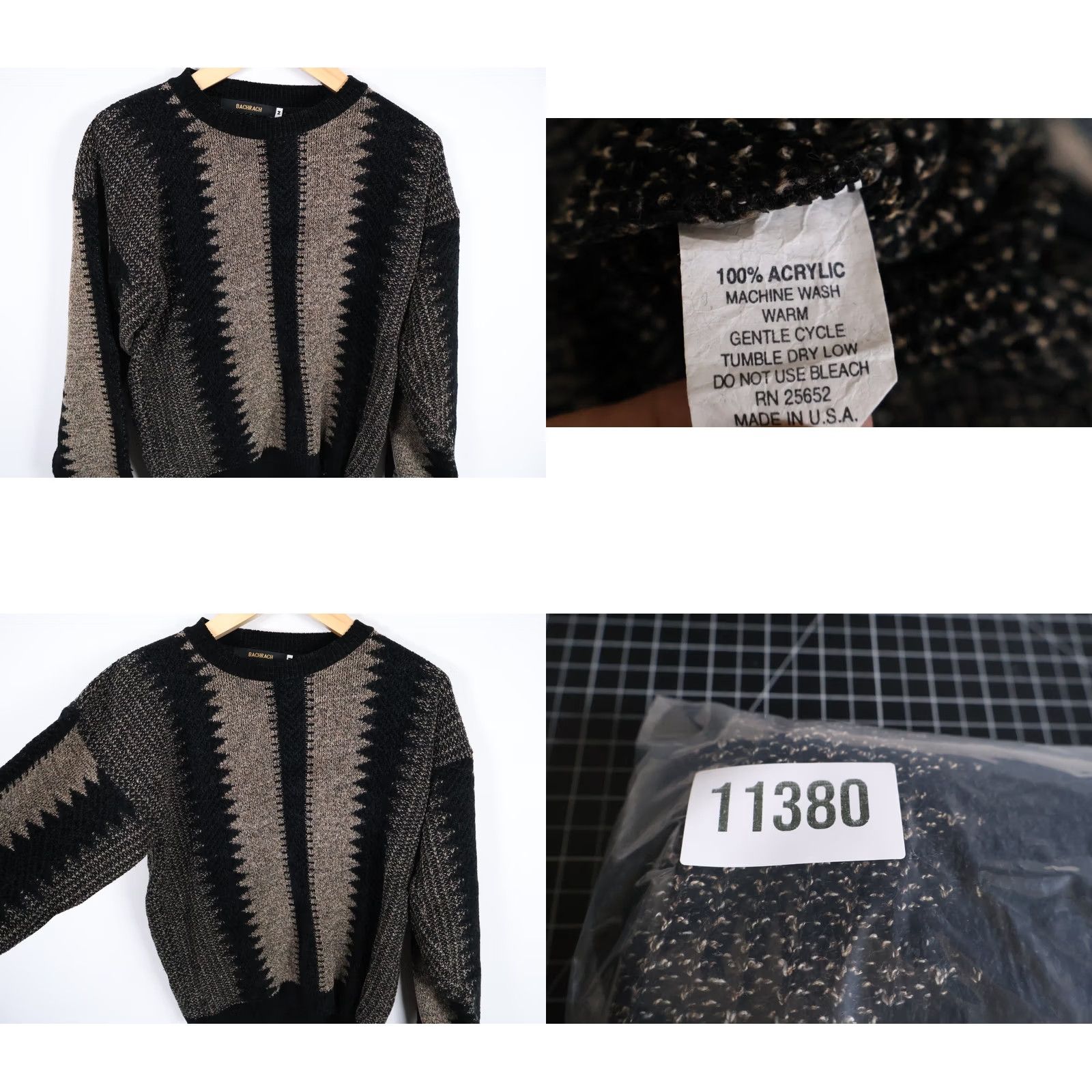 Vintage VINTAGE Bachrach Sweater Mens Medium Black Beige Textured Stripe Pattern 90s Dad Style Pullover Crew Neck Knit Size US M / EU 48-50 / 2 - 8 Thumbnail
