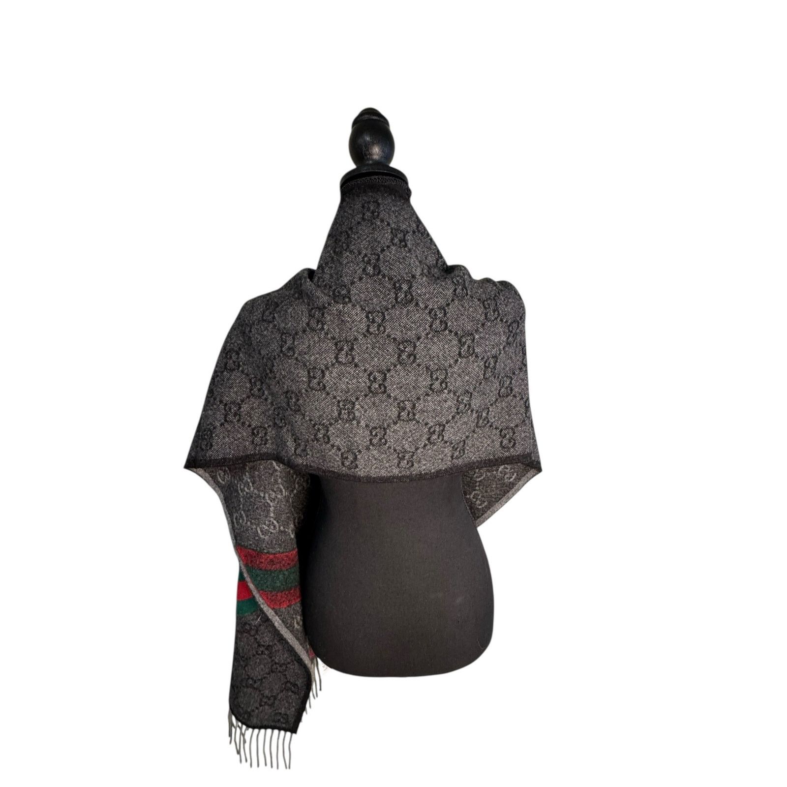 Gucci Gucci Nikky Wool GG Monogram Web Stripe Scarf in Grey Size ONE SIZE - 3 Thumbnail