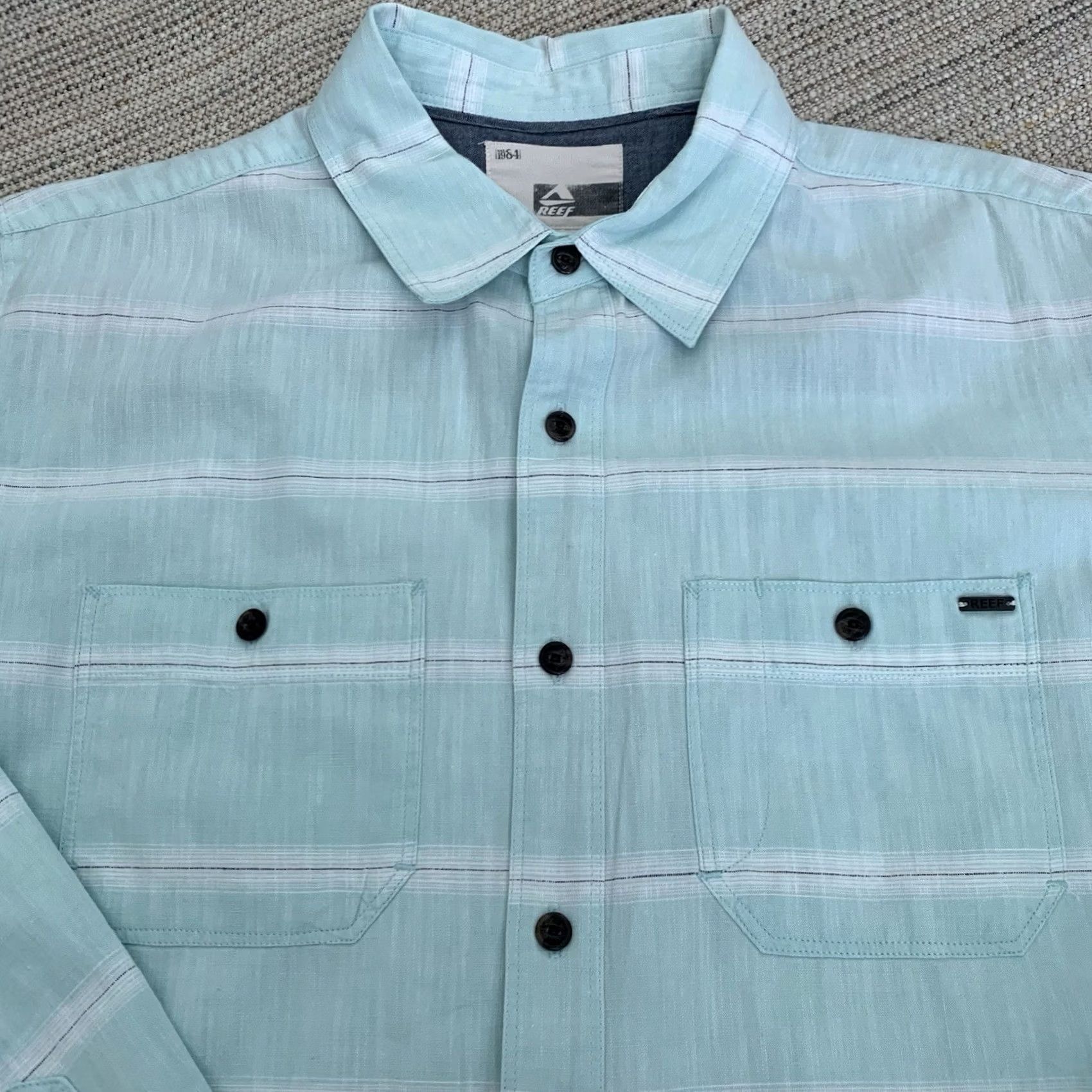 REEF Reef Shirt Mens Large Aqua Blue Striped Button Up Long Sleeve 100% Cotton Size US L / EU 52-54 / 3 - 3 Thumbnail