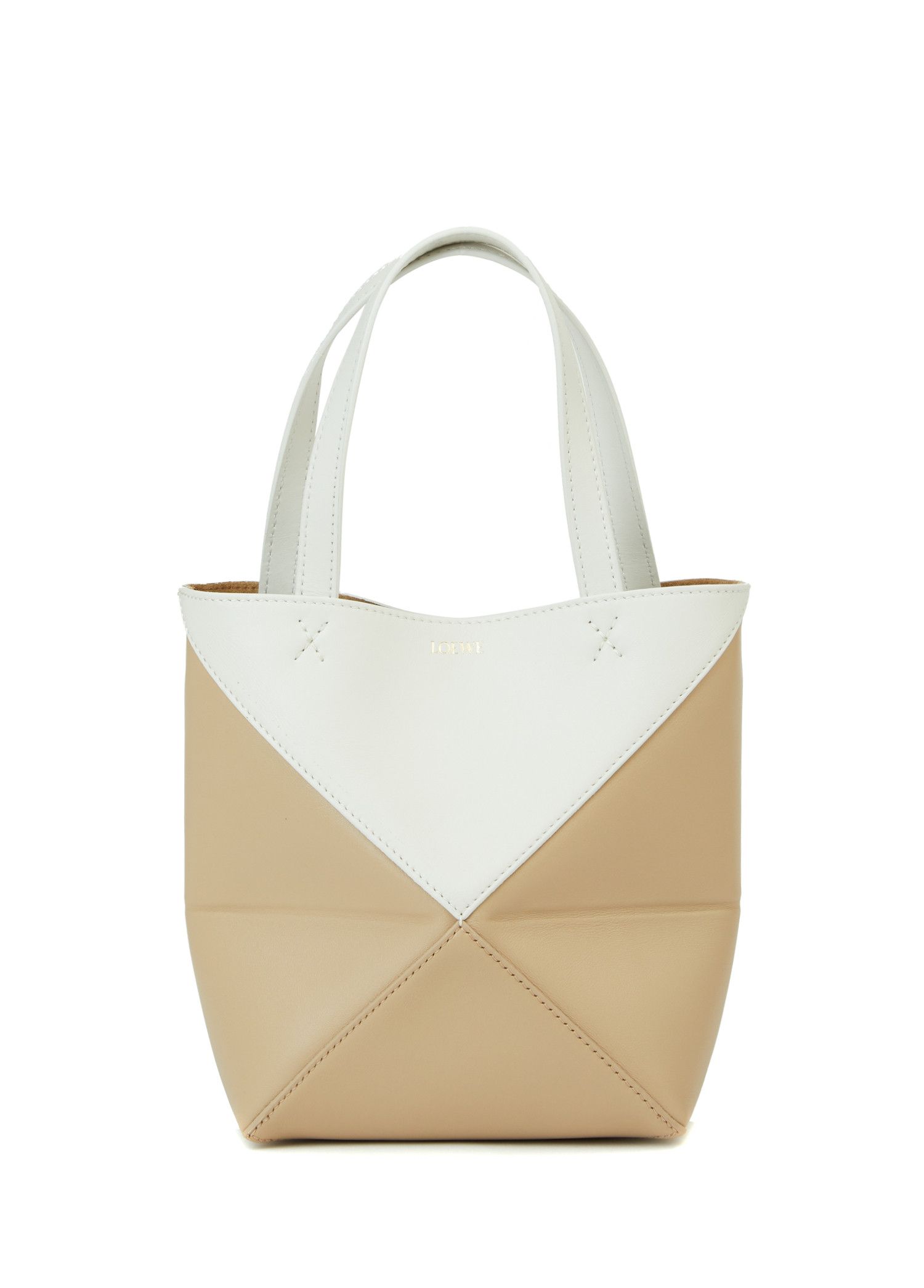 Loewe Puzzle Fold Mini Beige & White Leather Tote Bag Nwt, Women's