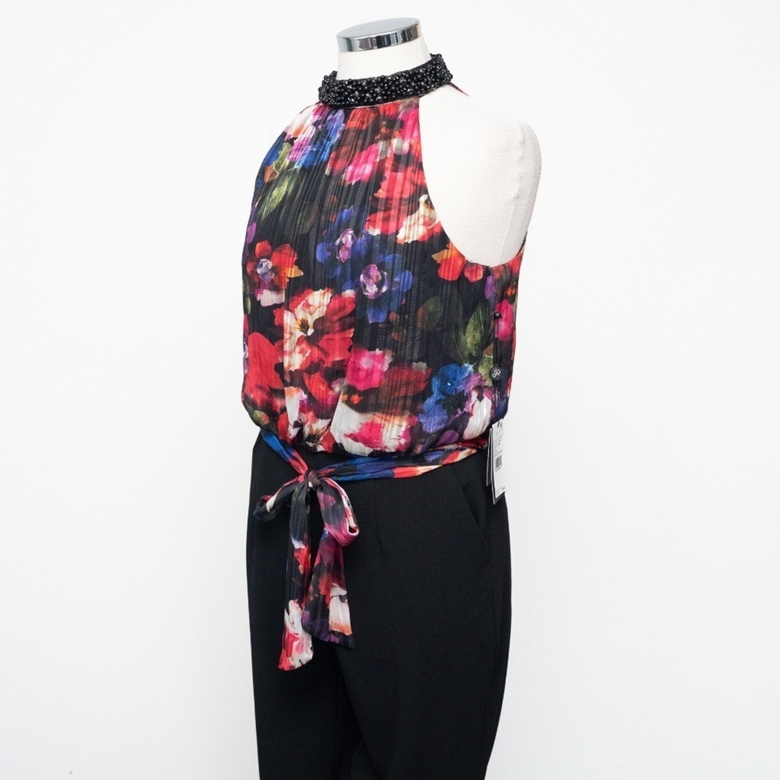 Adrianna Papell Adrianna Papell. Jeweled Mock Neck Floral Halter Jumpsuit. Size 28" / US 6 / IT 42 - 12 Thumbnail