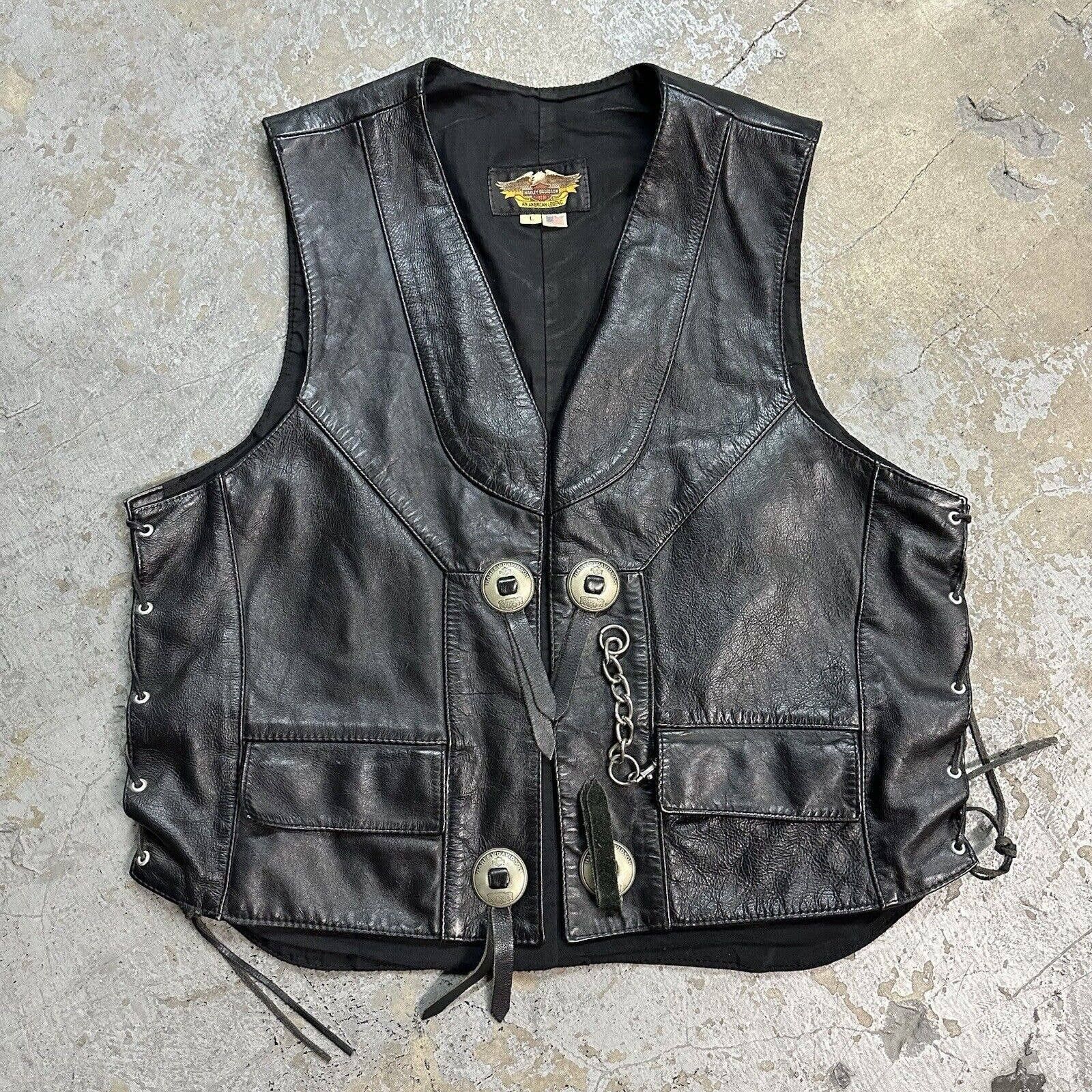 Vintage Harley Davidson Black Leather Vest Large Made In USA