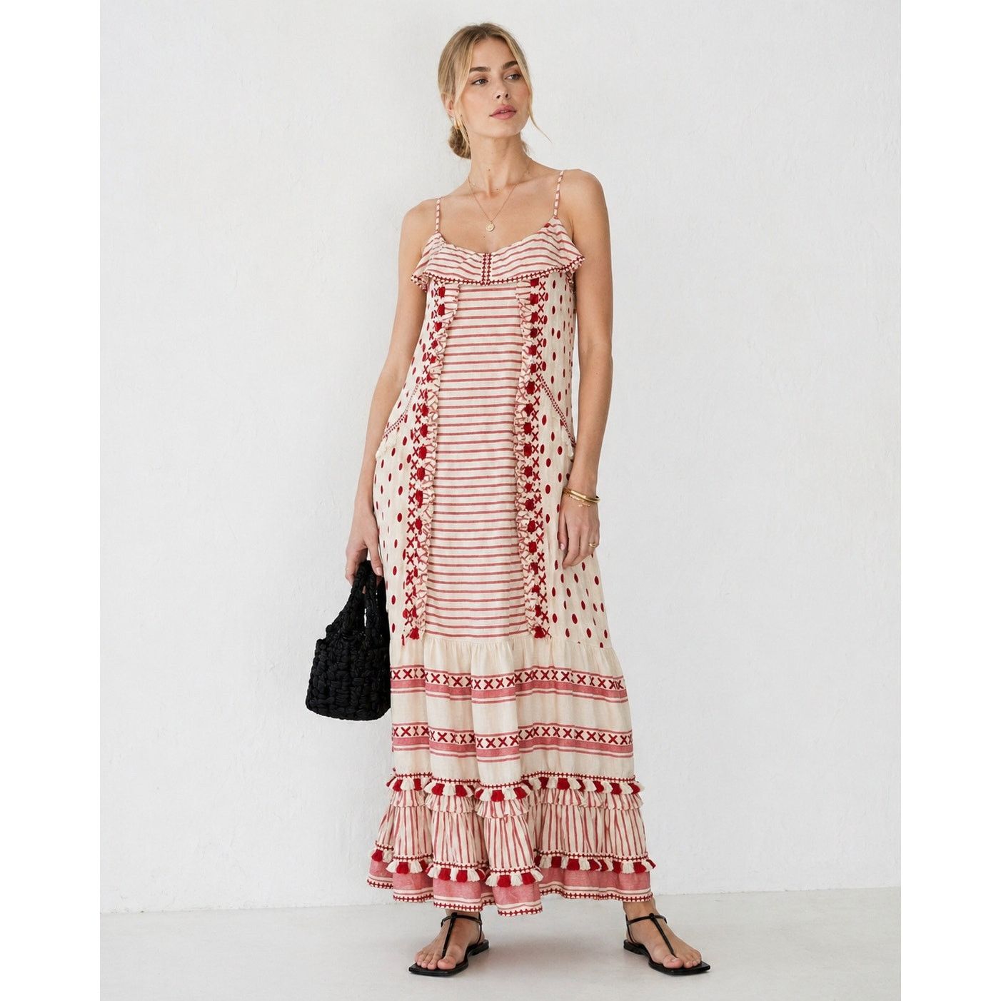 Dodo Bar Or DODO BAR OR Tan Red Striped Polka Dot Ruffle Maxi Dress S Size S / US 4 / IT 40 - 9 Thumbnail