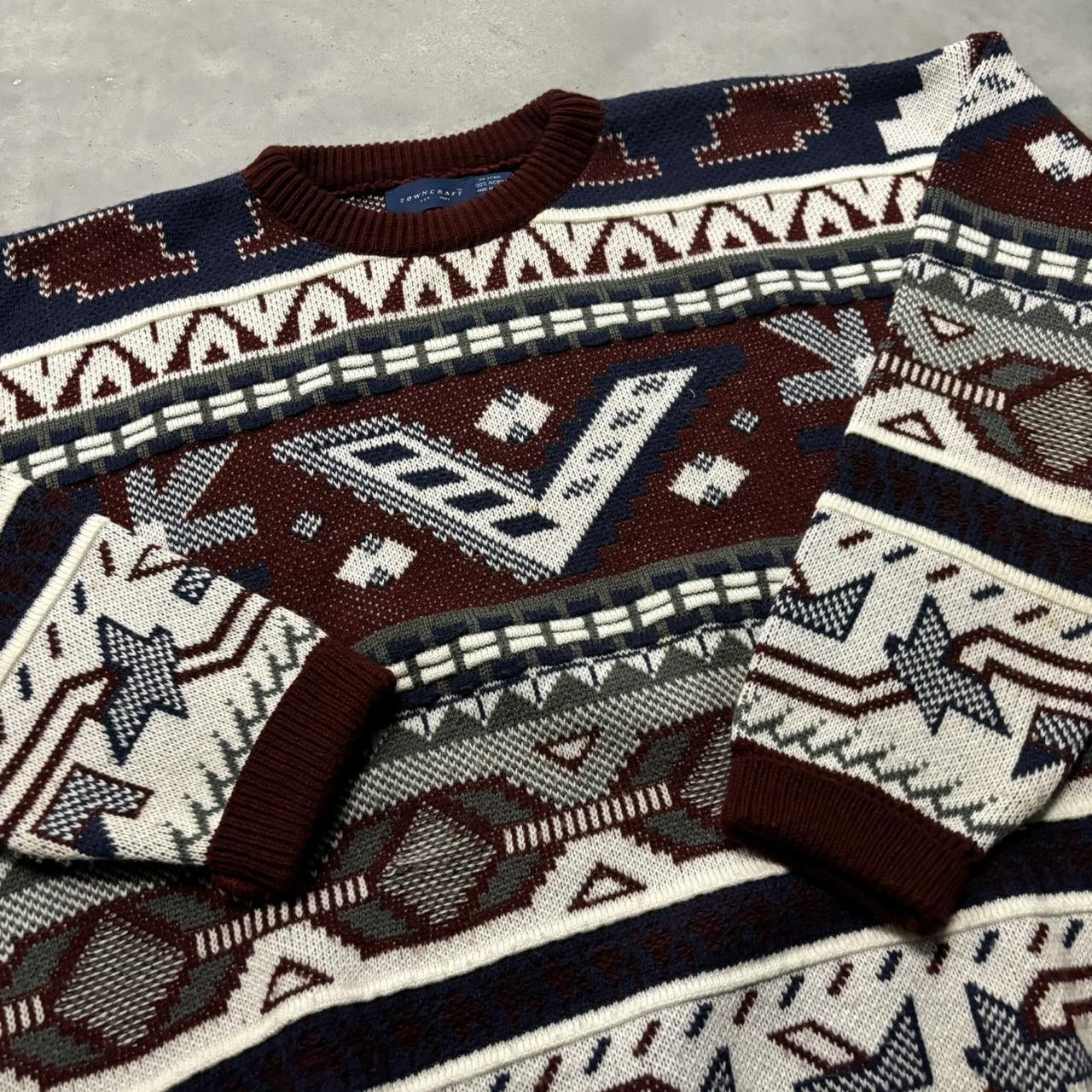 Japanese Brand × Vintage Crazy Vintage 90s Burgundy Crazy Pattern Acrylic Sweater! Size US L / EU 52-54 / 3 - 3 Thumbnail