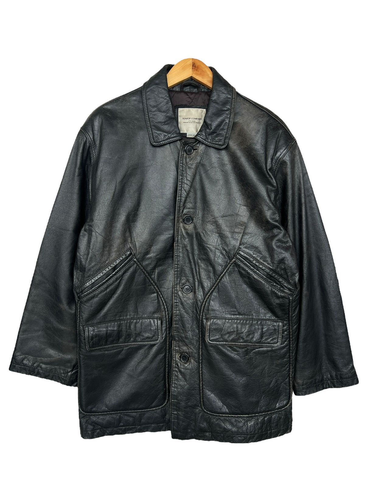 Vintage Seahop Company Black Long Coat Leather Jacket Size US L / EU 52-54 / 3 - 1 Thumbnail