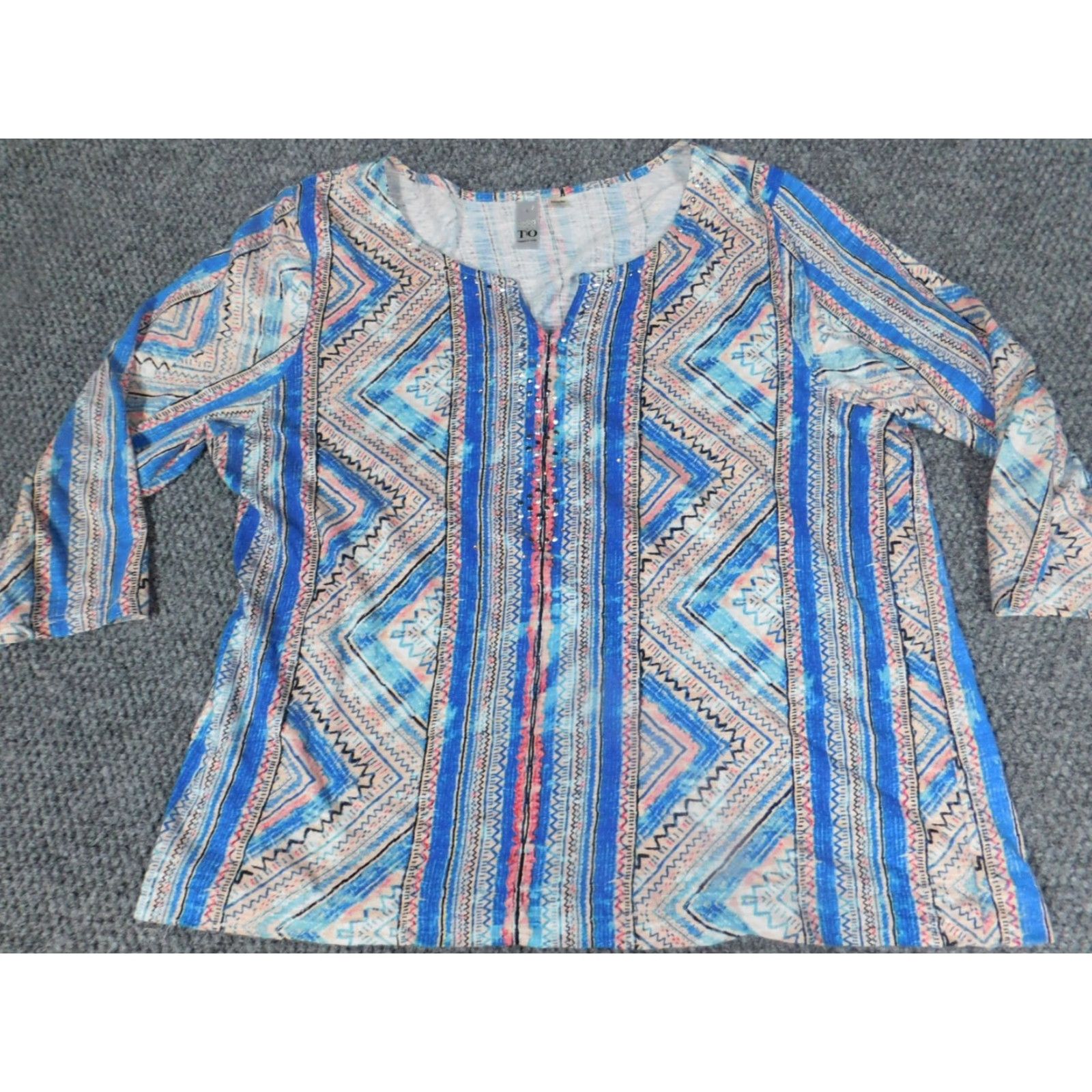 Vintage Thomas & Olivia Womens Blouse L Blue Stretch Pullover Casual 3/4 Sleeve Cap Sleeve Button Polyester Classic, Regular Fit Size L / US 10 / IT 46 - 3 Thumbnail