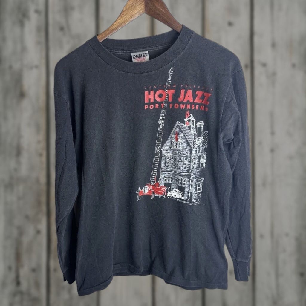 VINTAGE Oneita 90s Jazz Long Sleeve T Shirt Black Medium Mens