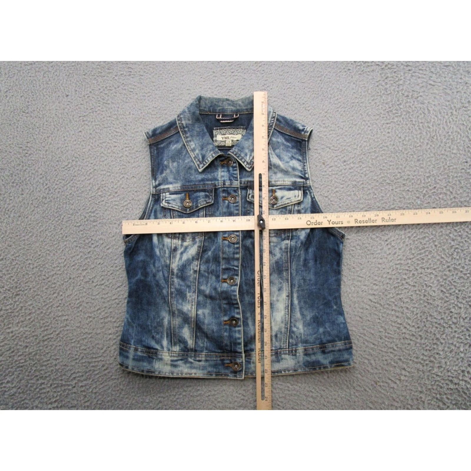 Denime YMI Denim Vest Women's Blue Jean Sleeveless Acid Wash Biker Trucker Junior SZ L Denim Vest Dressy Casual Womens 80s 90s style Size 36" / US 14 / IT 50 - 4 Thumbnail