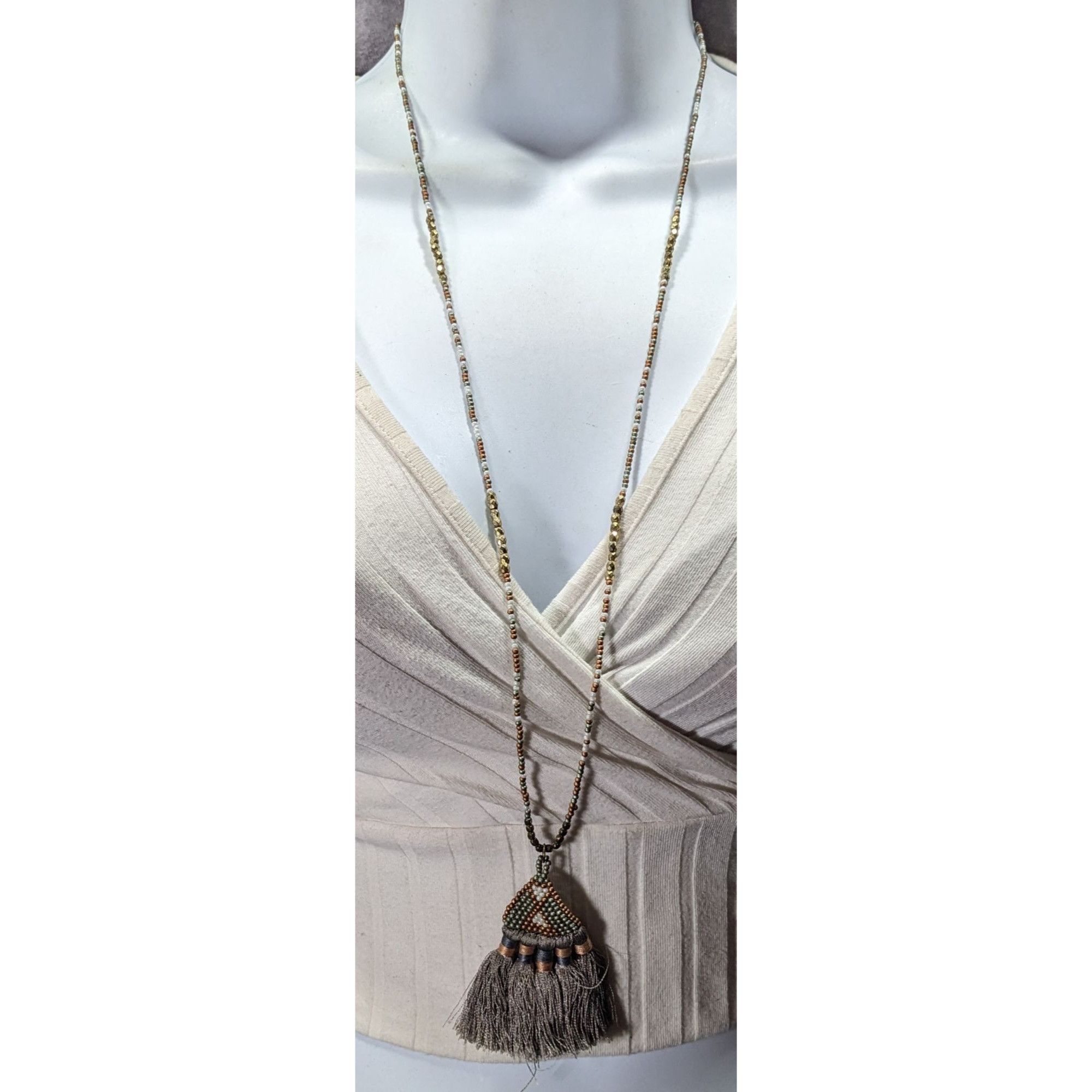 Other Handmade Boho Grey And Gold Tone Glass Beaded Thread Tassel Size ONE SIZE - 2 Thumbnail