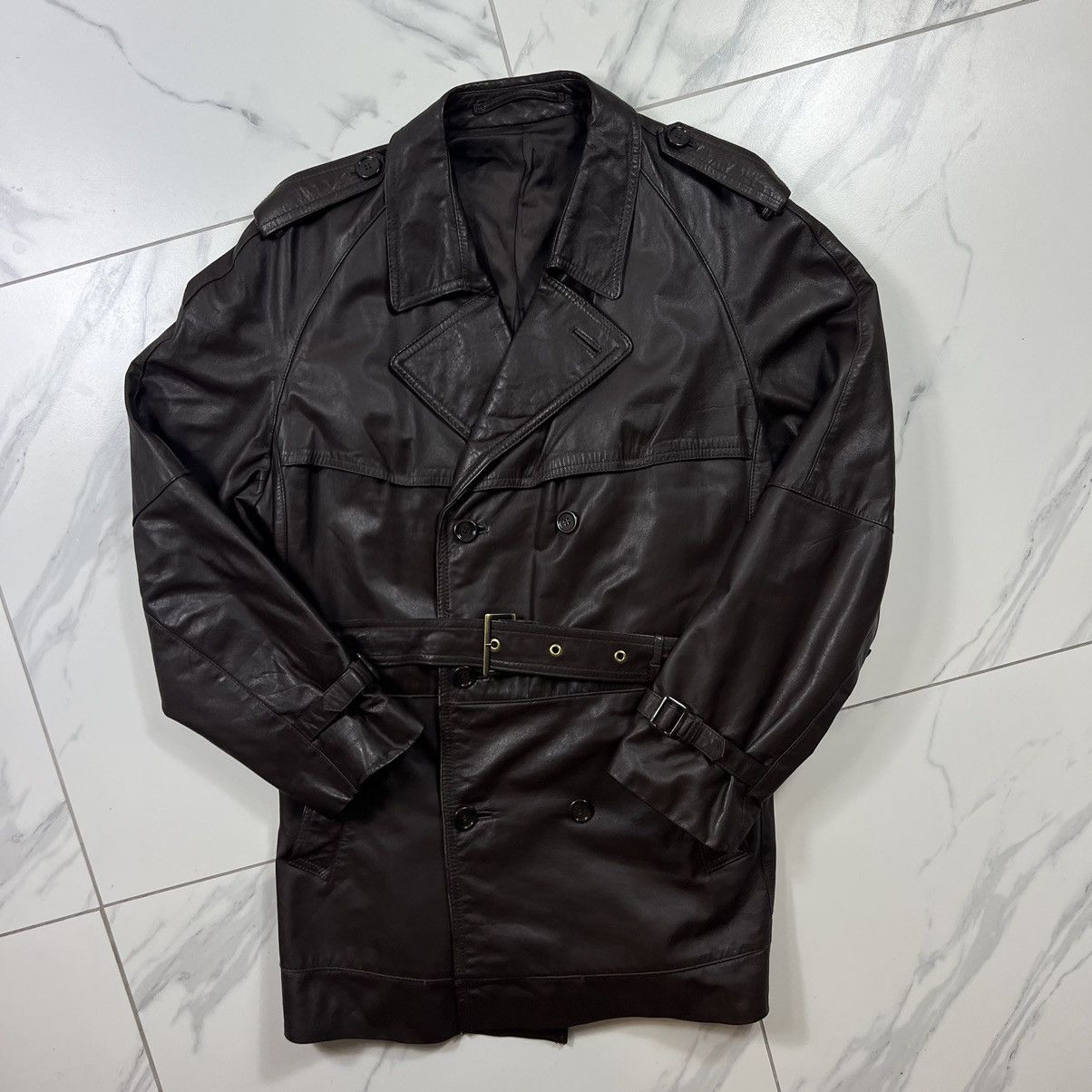 image of Camel x Genuine Leather Vintage 90's Matrix Real Leather Jacket Coat in Brown, Men's (Size Medium)
