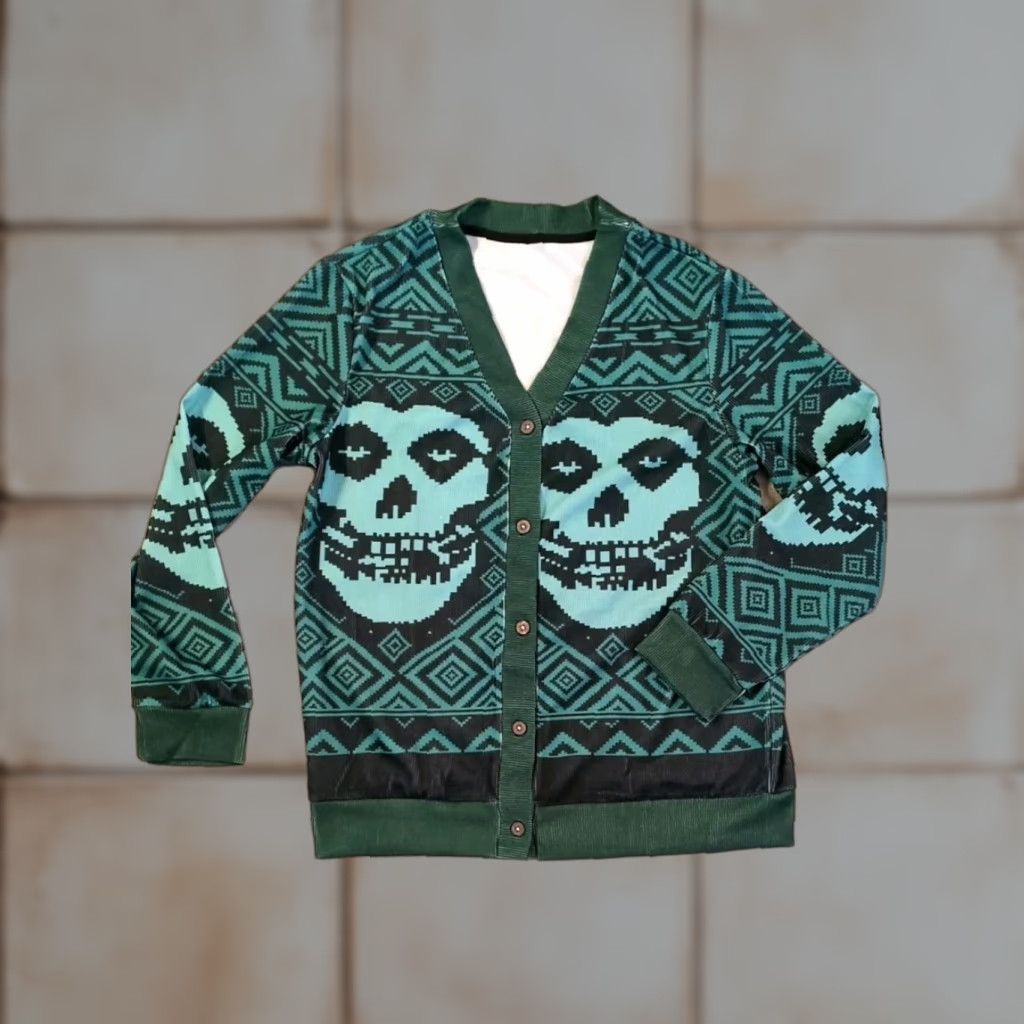 Vintage Misfits Mens XL Green Button-Up Sweater V-Neck Long Sleeve Skull Graphic Knit Punk Rock Goth Cardigan 80s Retro Halloween Size US XL / EU 56 / 4 - 1 Thumbnail