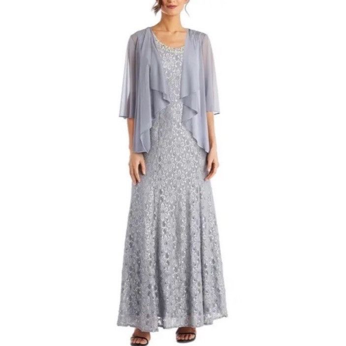 image of Rigards R&m Richards Womens Jacket 2-Pc Formal Gown Dress 10 New in Silver (Size Large)