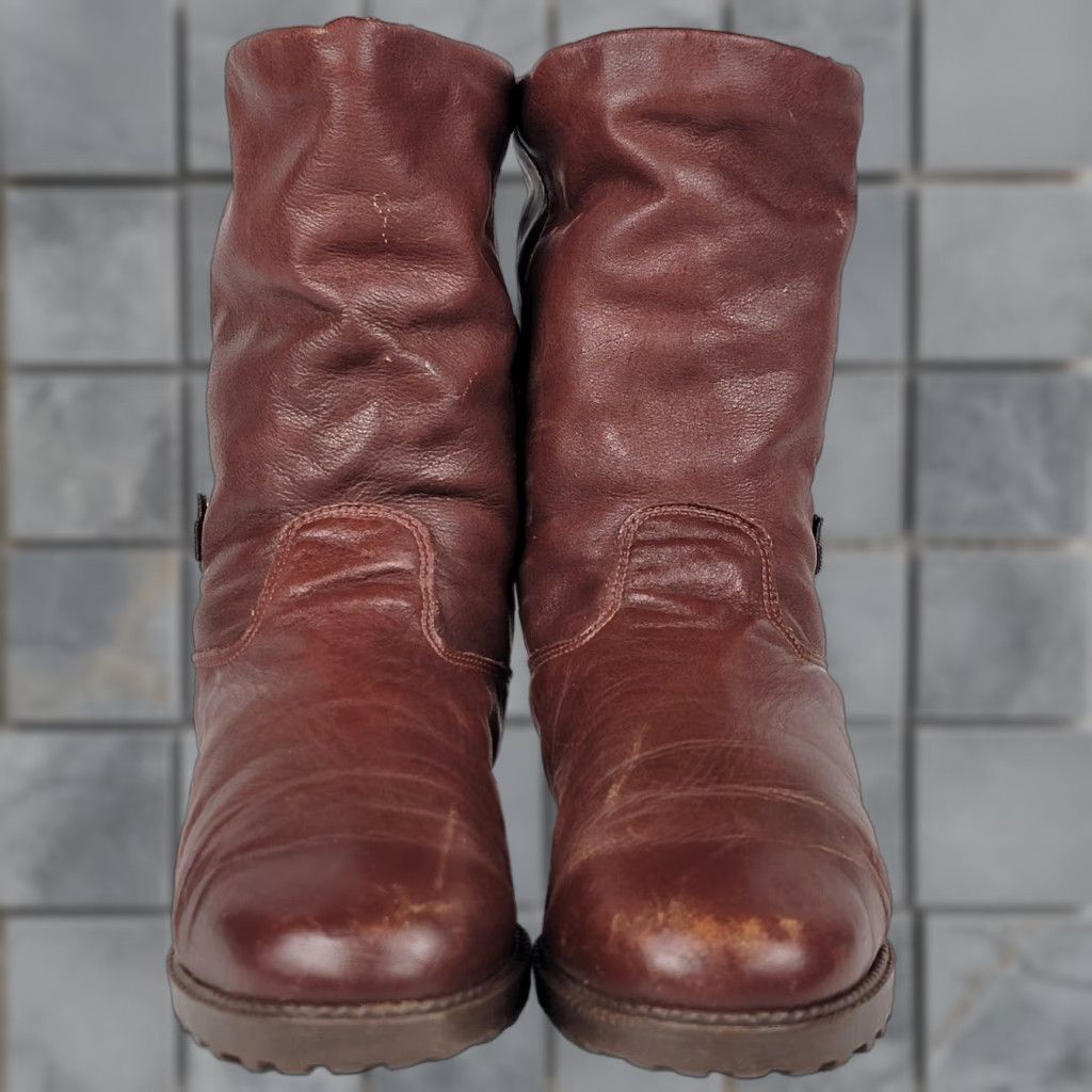 Vintage VINTAGE Women's Size 9 Brown Leather Sergio Boots Klondike Elastomere Check Riding Boot Almond Toe Pull On Block Heel B Wide Brown Canada Women Shoes Size US 9 / IT 39 - 1 Thumbnail
