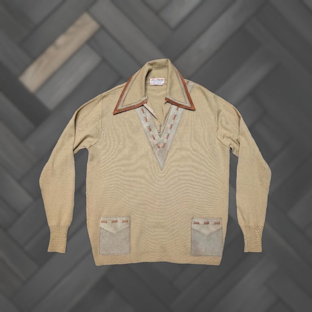 Vintage VINTAGE Richman Brothers Sweater ITALY Wool Tan M Leather Trim WIDE LAPEL Mens Pullover Long Sleeve Knit Neck Zip 1960s Size US M / EU 48-50 / 2 - 1 Thumbnail