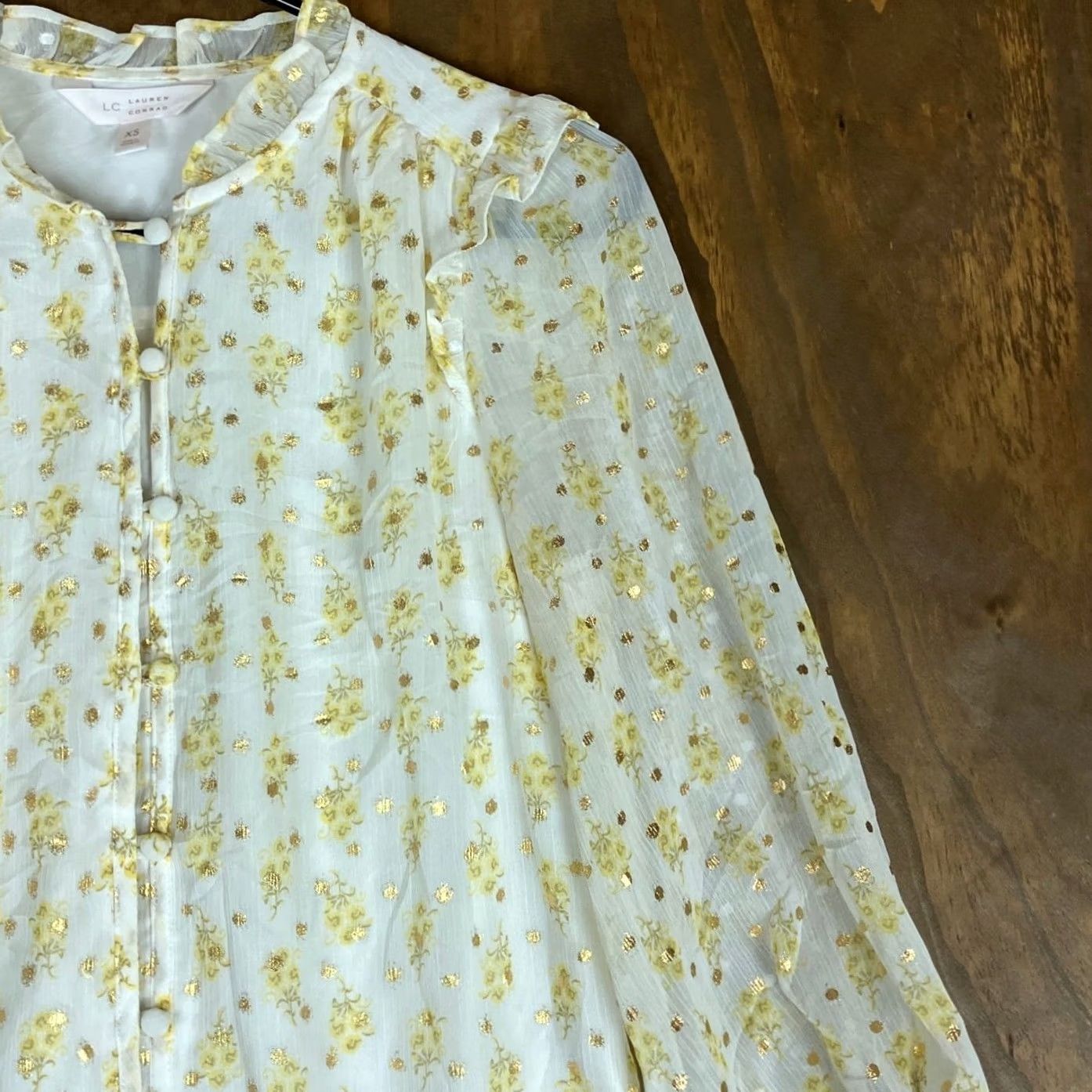 Lauren Conrad LC Lauren Conrad Womens Blouse White Yellow Floral Sheer Long Sleeve Lined XS Size XS / US 0-2 / IT 36-38 - 5 Thumbnail