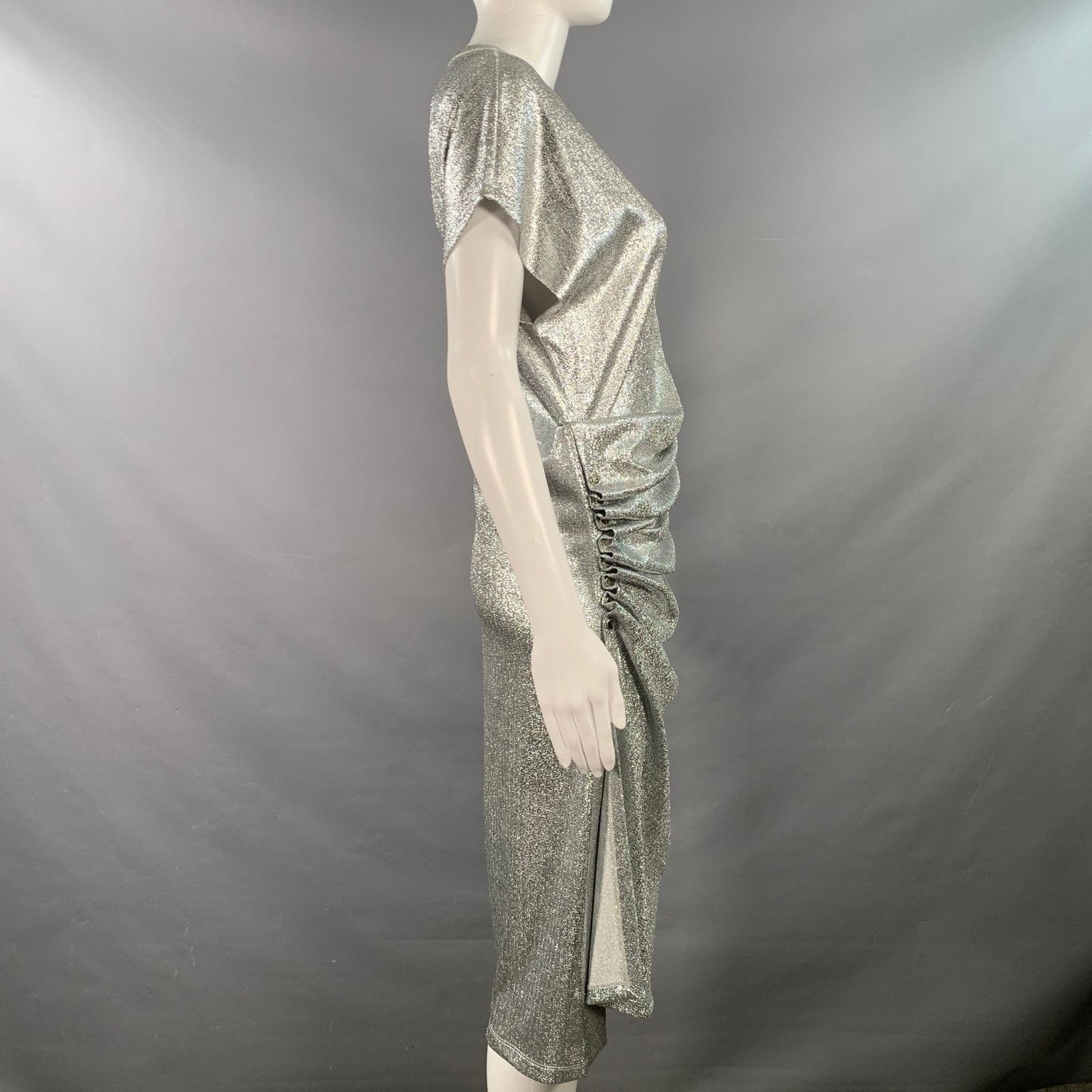 Paco Rabanne Silver Viscose Cap Sleeves Asymmetrical Midi Cocktail Dress Size S / US 4 / IT 40 - 2 Thumbnail