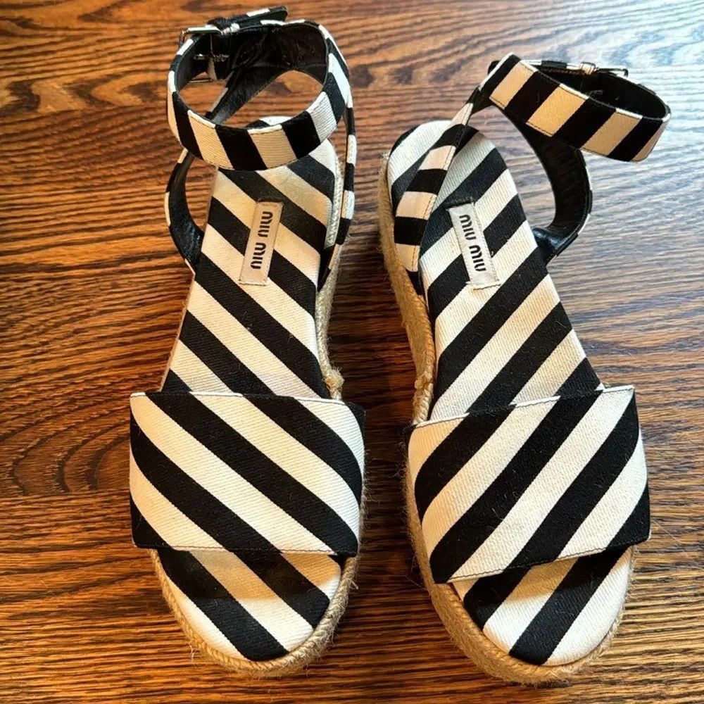 Miu Miu MIU MIU Canvas Black & White Striped Cloth Espadrilles. Buc Size US 7.5 / IT 37.5 - 5 Thumbnail
