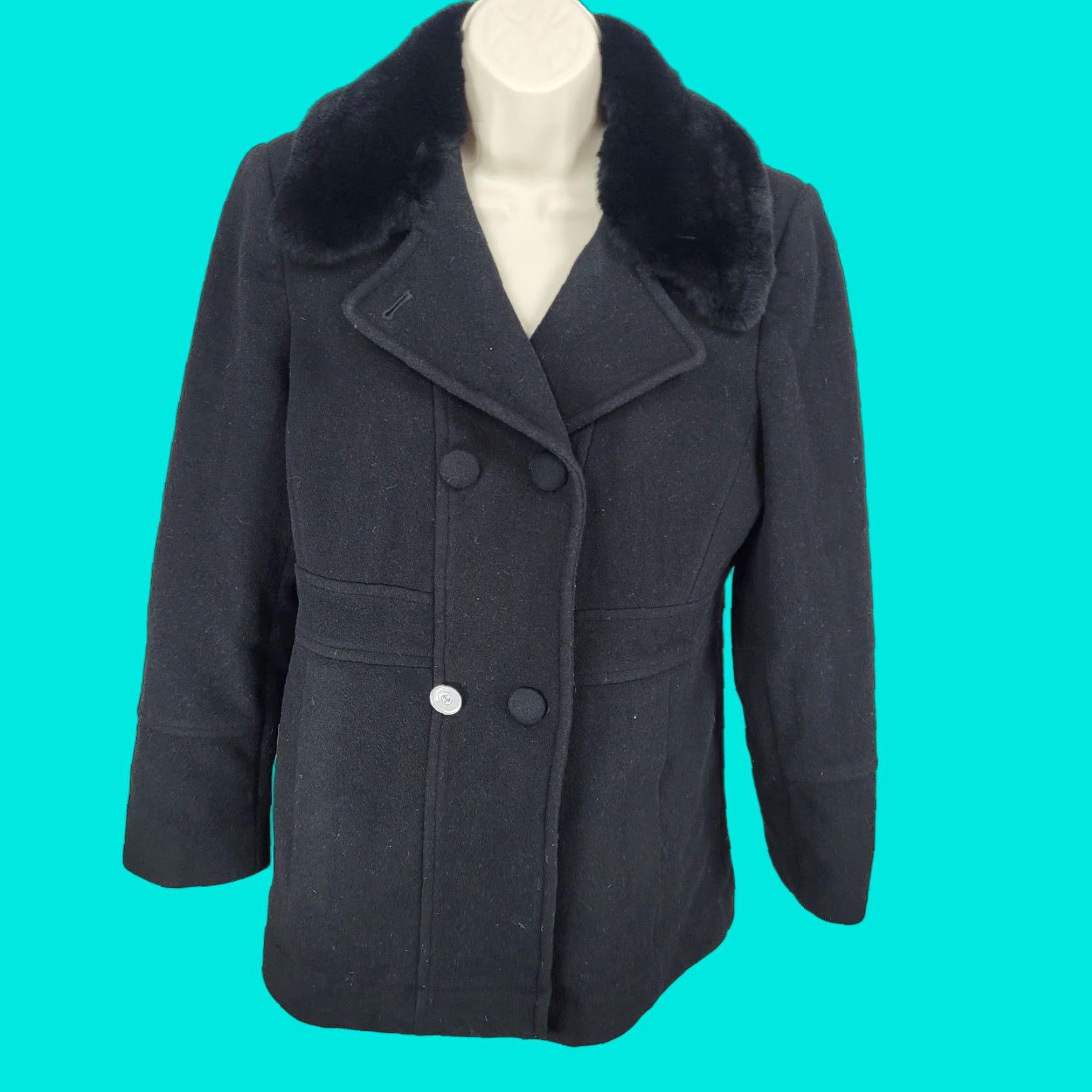 Vintage Larry Levine Black Wool & Cashmere Rex Rabbit Fur Collar Pea Coat Size Small S Womens Size S / US 4 / IT 40 - 1 Thumbnail