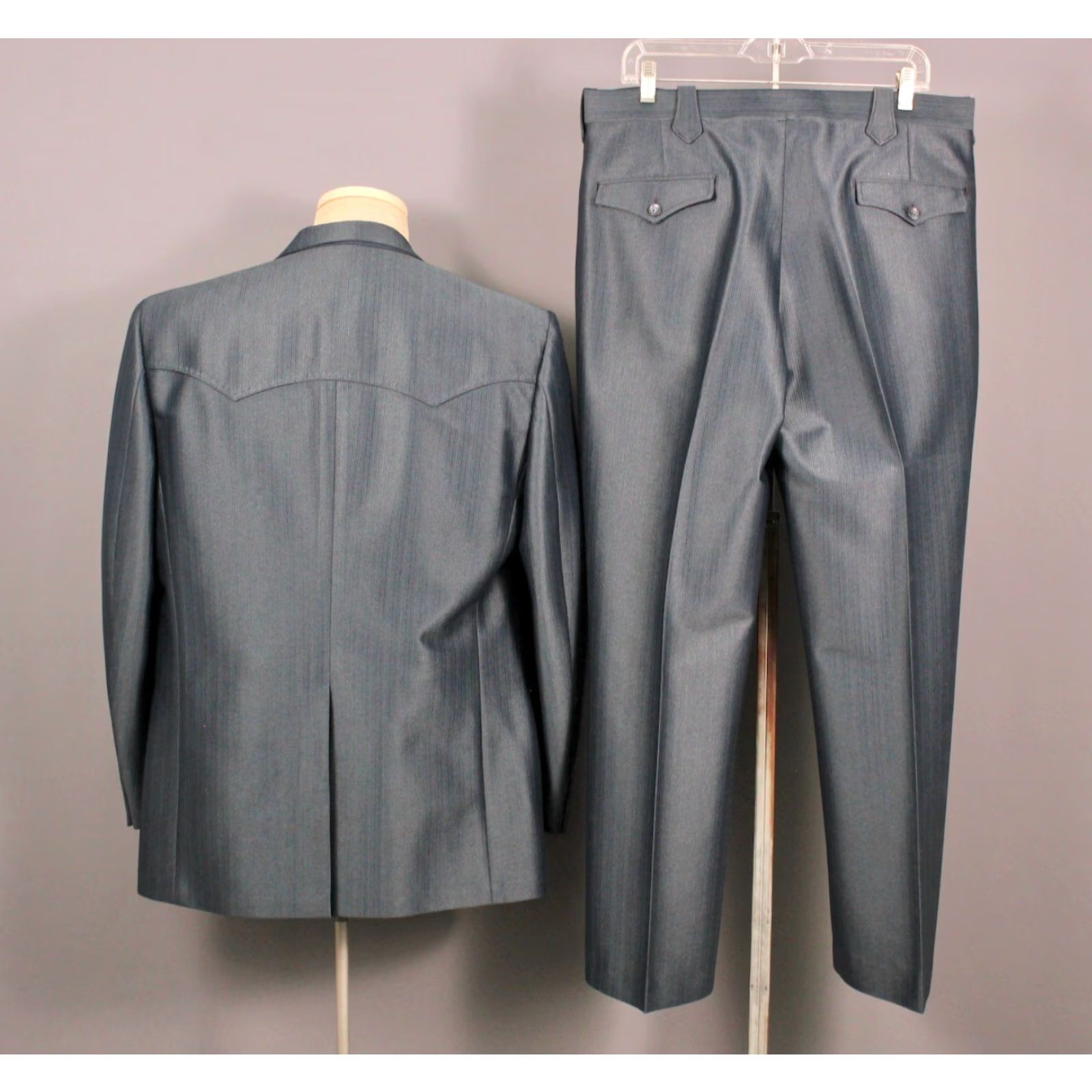 Vintage VINTAGE Sewell Men's VTG 70s Dark Blue 3 PC Western Leisure Suit Sz L 1970s Disco Polyester Men’s Shirt Size 36R - 2 Thumbnail