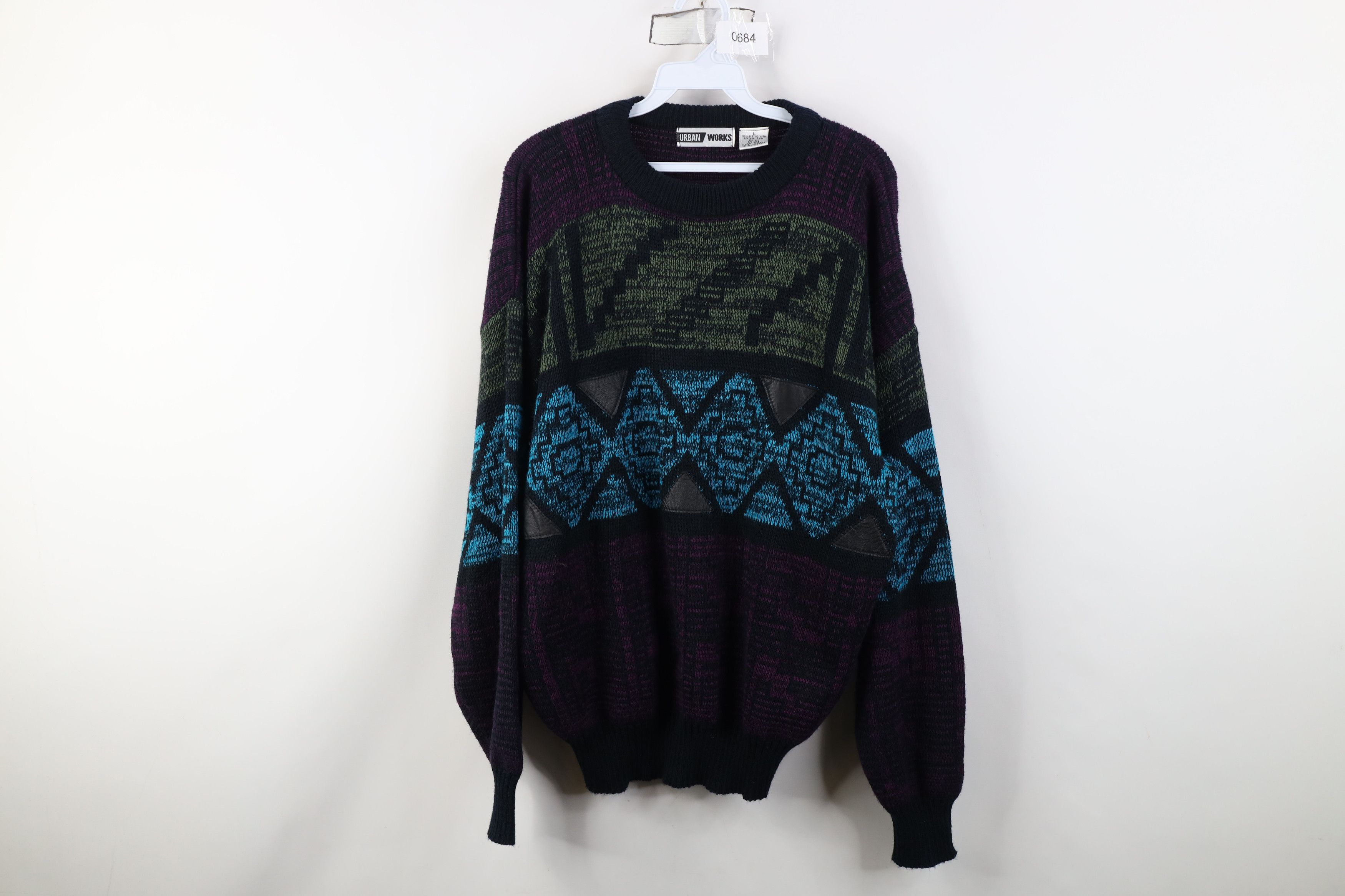 Vintage Vintage 90s Streetwear Leather Trim Geometric Knit Sweater Size US L / EU 52-54 / 3 - 1 Thumbnail