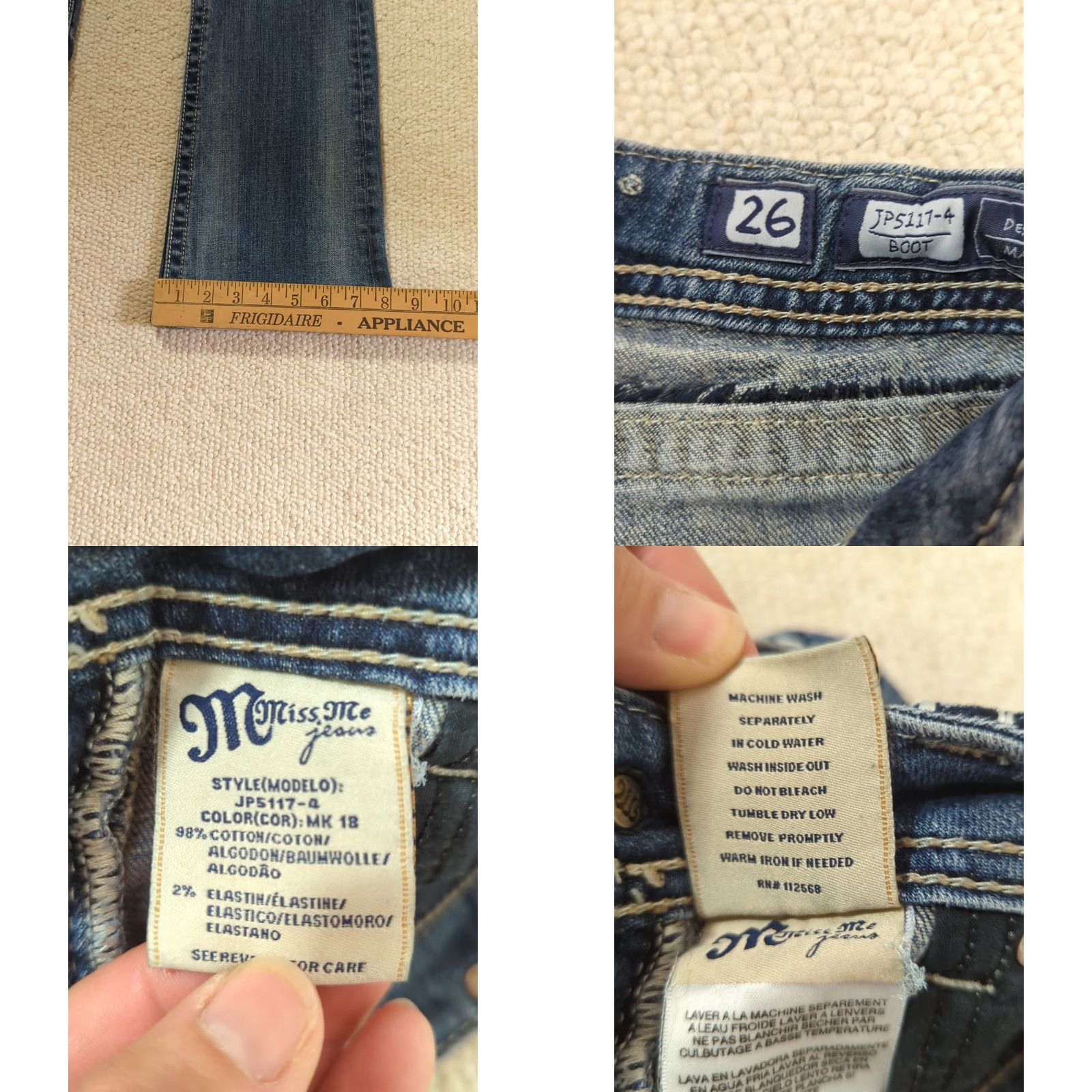 Miss Me Miss Me Jeans Womens 26 Blue Bootcut Denim Low Rise Medium Wash Rhinestone Studded Distressed Flawed Size 26" / US 2 / IT 38 - 9 Thumbnail