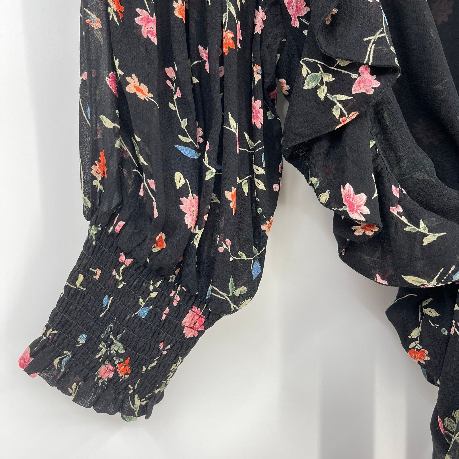 Ganni GANNI | Elm Floral Wrap Top in Black Pink Chiffon 36 / S Size S / US 4 / IT 40 - 7 Thumbnail