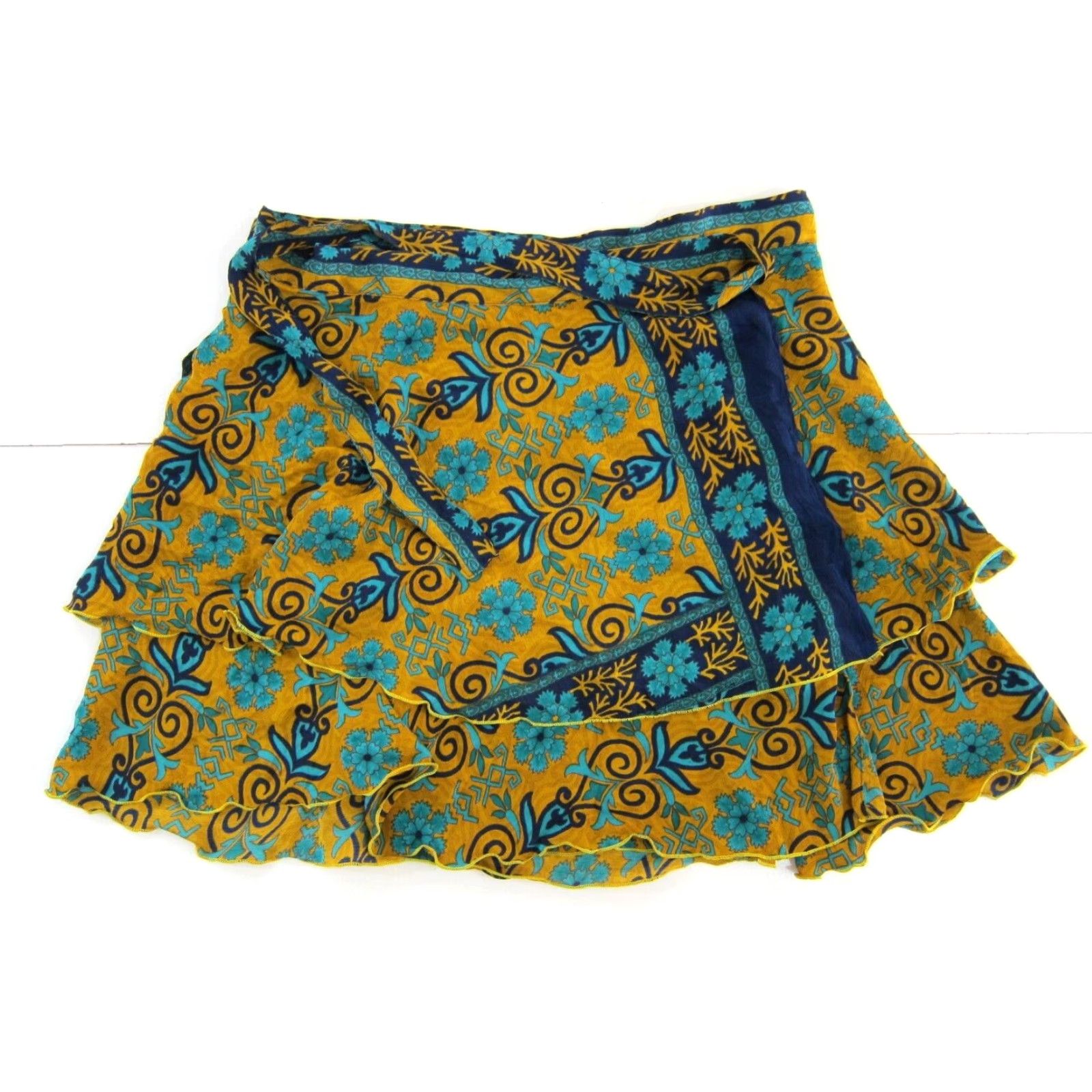 Vintage VINTAGE India Silk Green Yellow Blue Floral Paisley Reversible Wrap Skirt Small Size 28" / US 6 / IT 42 - 2 Thumbnail