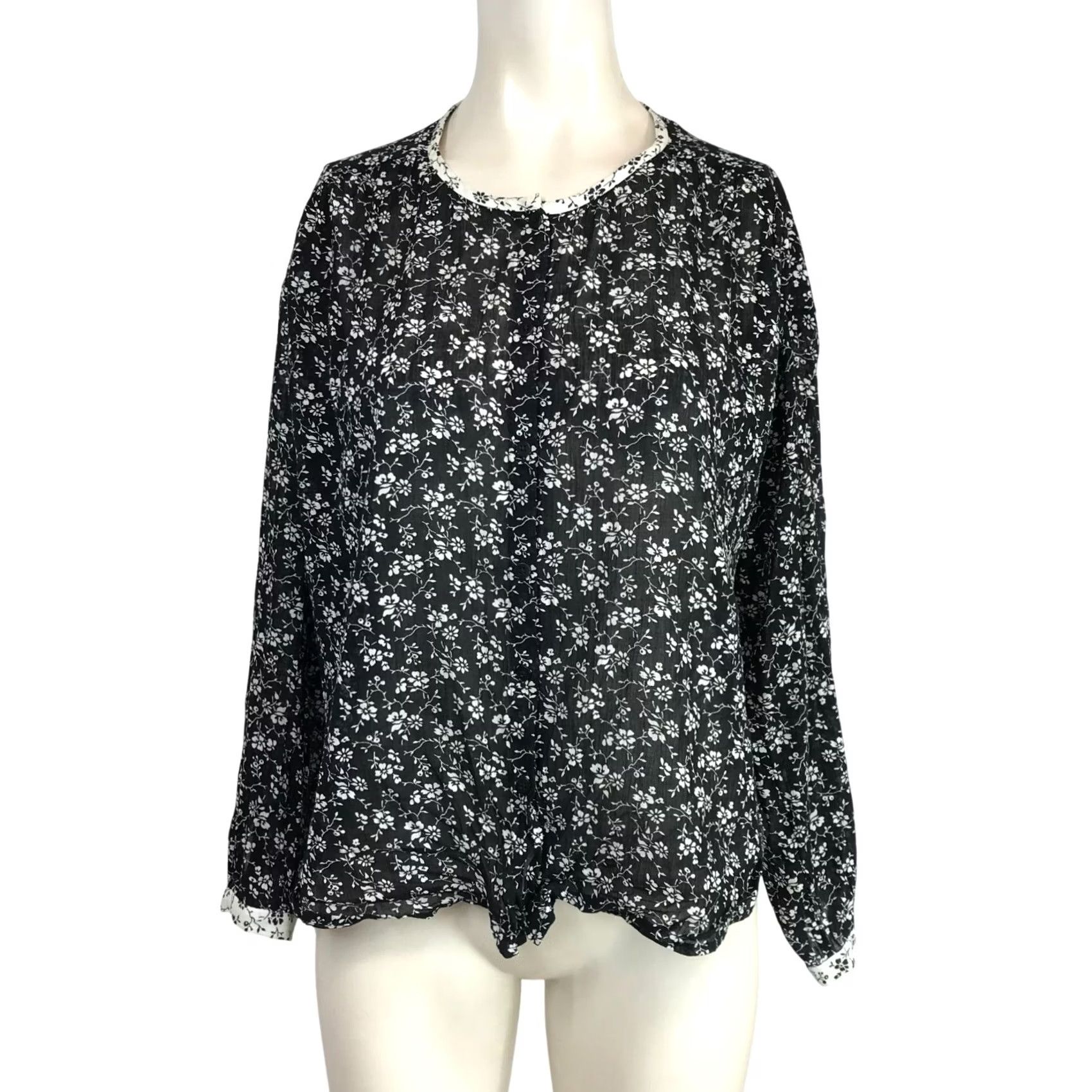 Madewell MADEWELL Blouse WOMEN'S S BLACK FLORAL LONG SLEEVE ROUND NECK BUTTON TOP Size S / US 4 / IT 40 - 2 Thumbnail