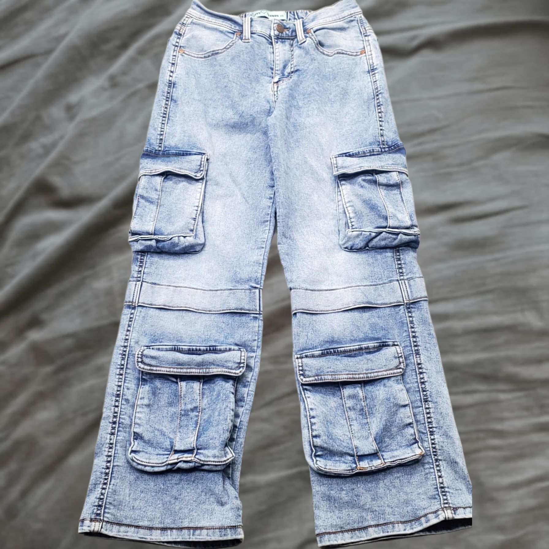 Vintage Love Threads Cargo Jeans Womens XS Blue Denim Faded Utility Pocket Straight Leg Size 26" / US 2 / IT 38 - 1 Thumbnail