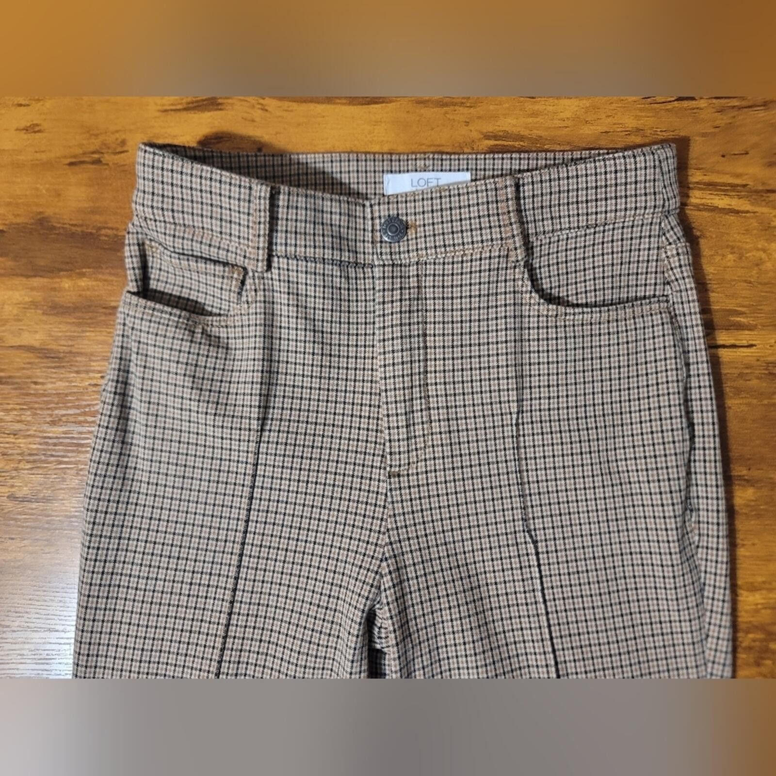 Other LOFT Women Tan Checkered Wide Leg Pant Houndstooth Sz 2 Tall Size 26" / US 2 / IT 38 - 3 Thumbnail