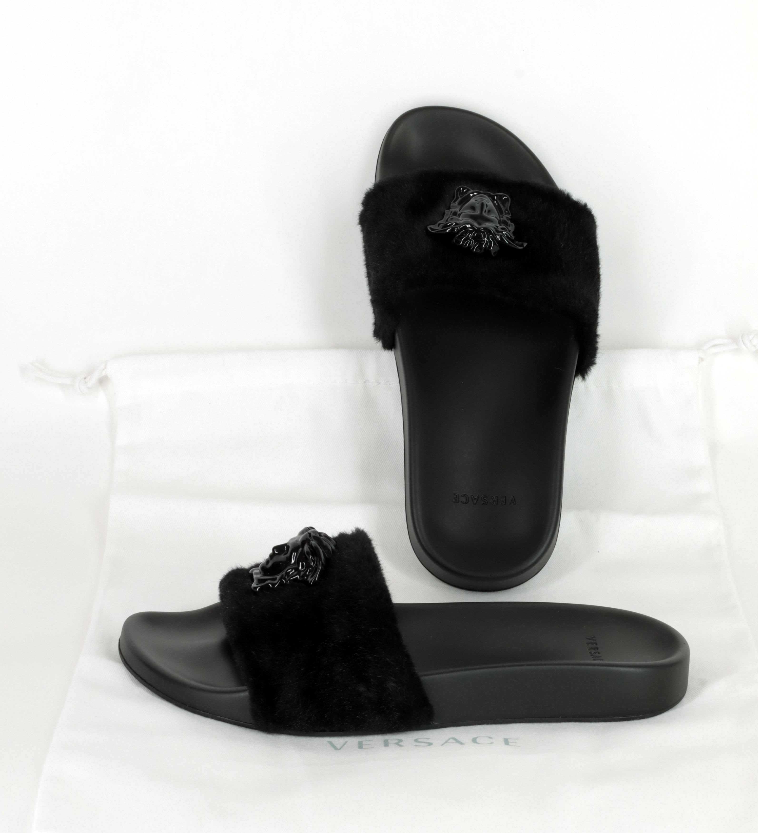 Versace Versace Medusa Faux Fur Slides Sandals Black 6 US