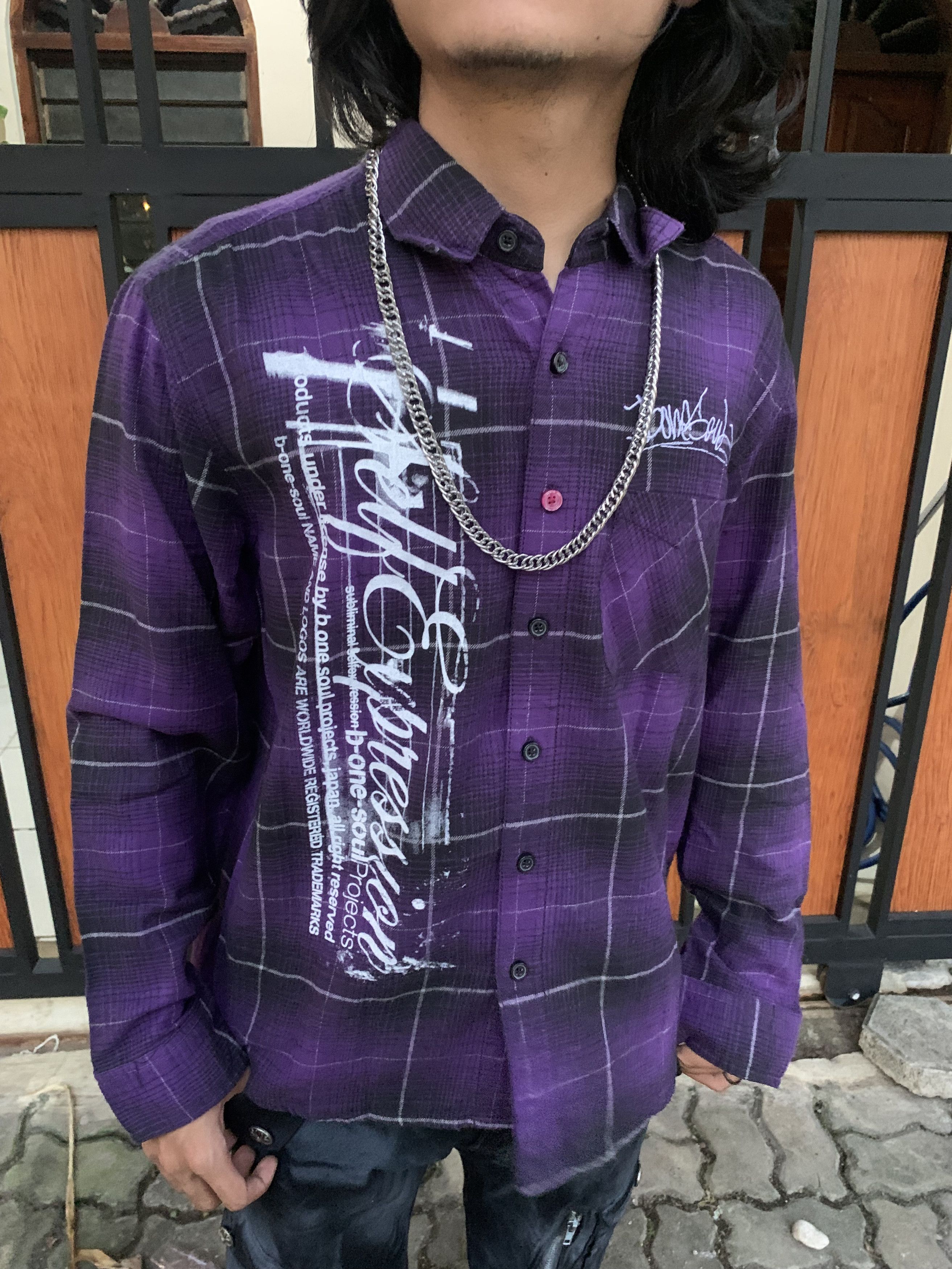 Japanese Brand Y2K B-One-Soul Grunge Purple Plaid Flannel Shirt Poem Print Size US M / EU 48-50 / 2 - 8 Thumbnail