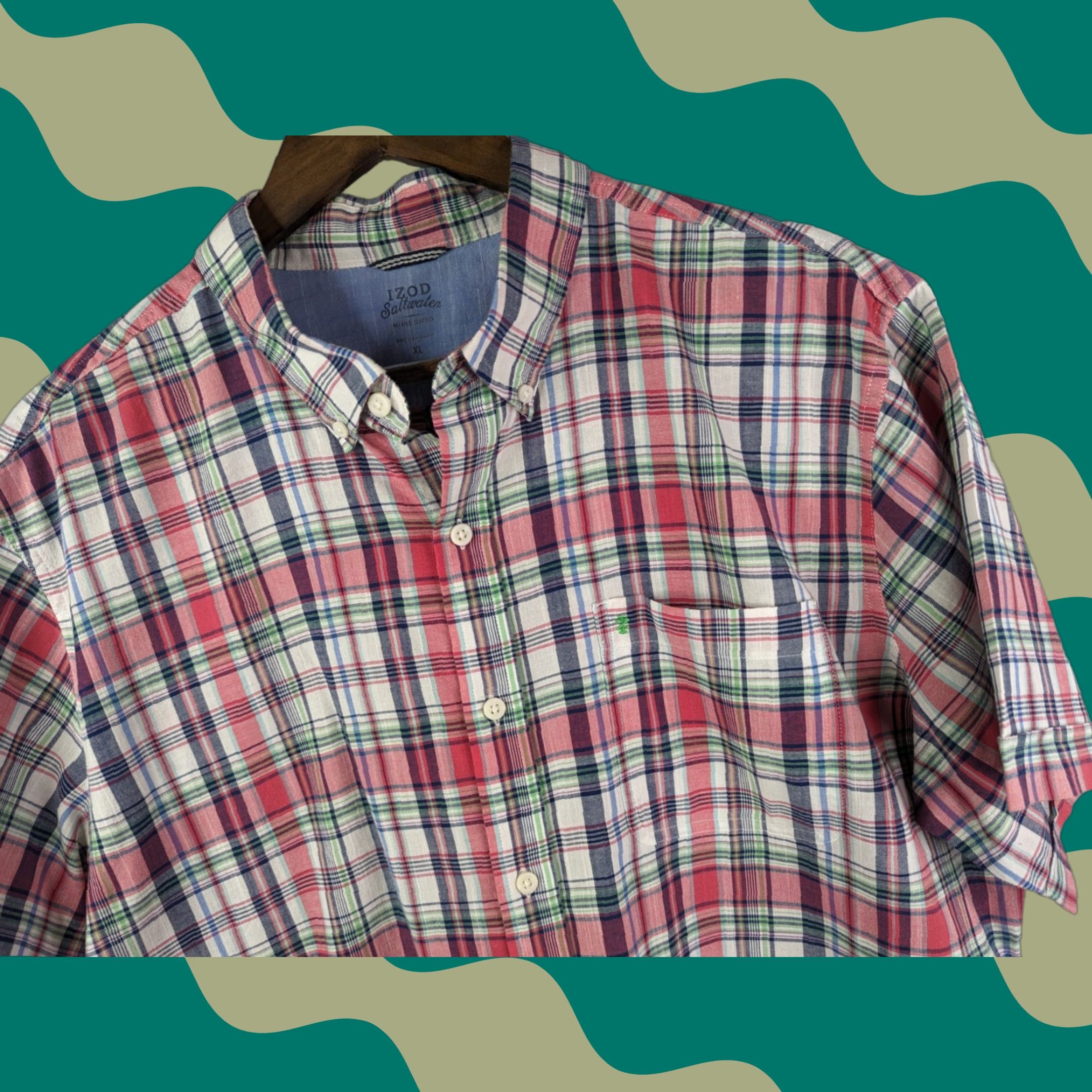 Izod Izod Saltwater Chambray Red And Green Plaid Shirt Relaxed Classics Men's Size XL Size US XL / EU 56 / 4 - 1 Thumbnail