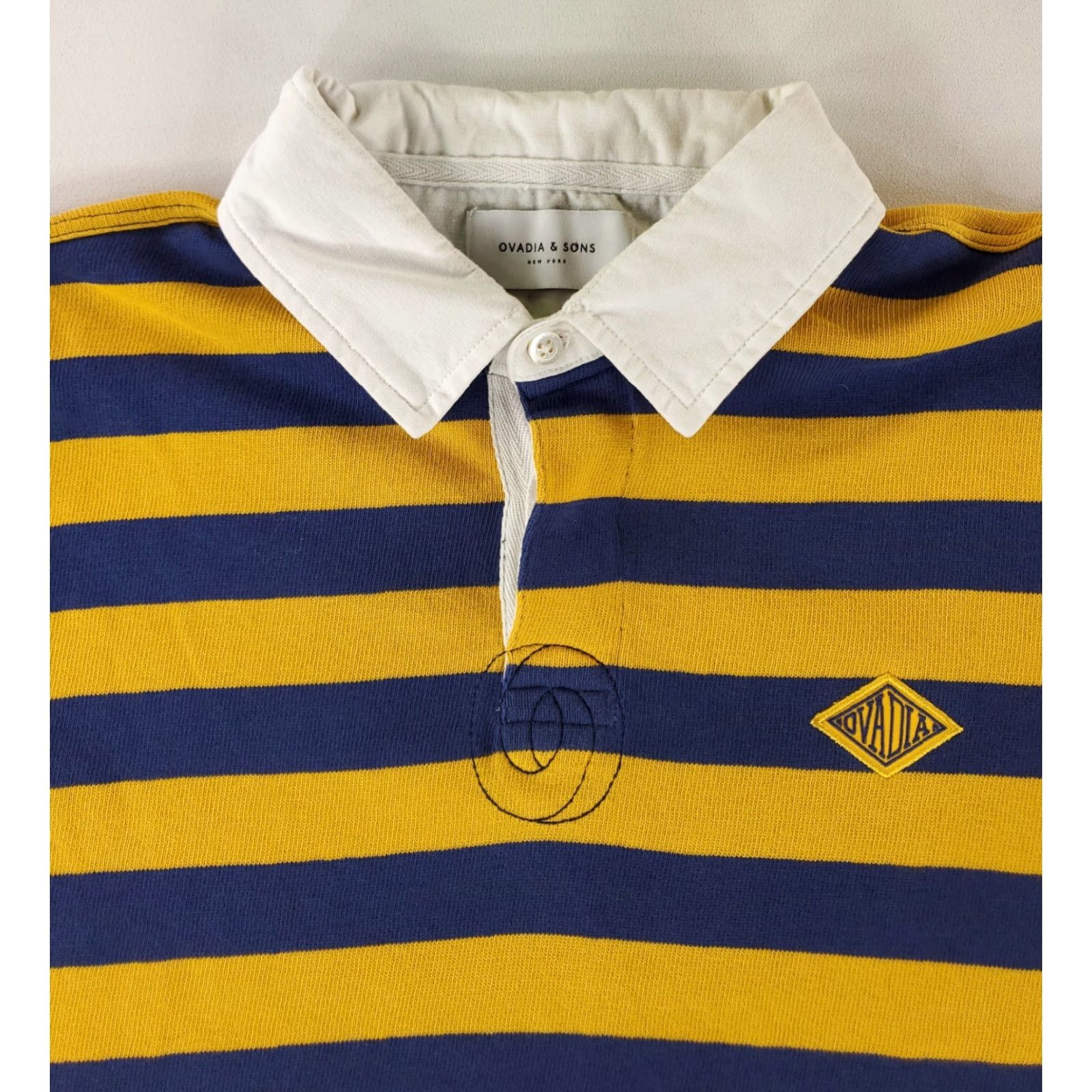 Vintage Ovidia & Sons Rugby Shirt Yellow Blue Striped Long Sleeve Mens L Polo Collared Shirt Size US L / EU 52-54 / 3 - 4 Thumbnail