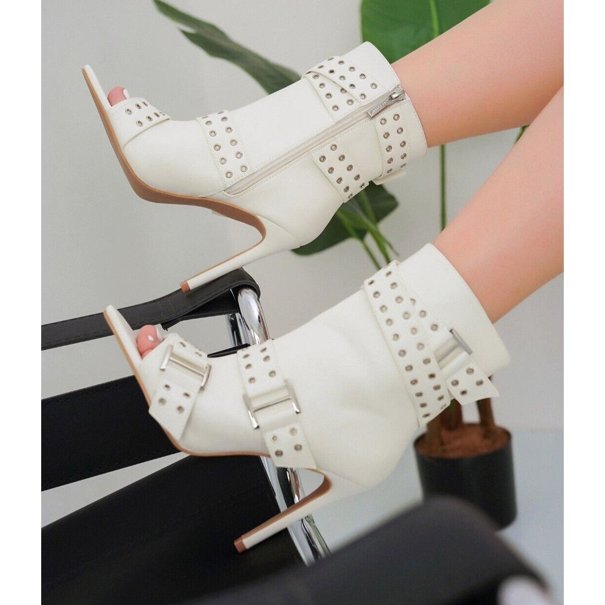 Other Slay Belt Strap Open Toe Ankle Boots Sexy Stiletto Heels Whi Size US 6.5 / IT 36.5 - 5 Thumbnail